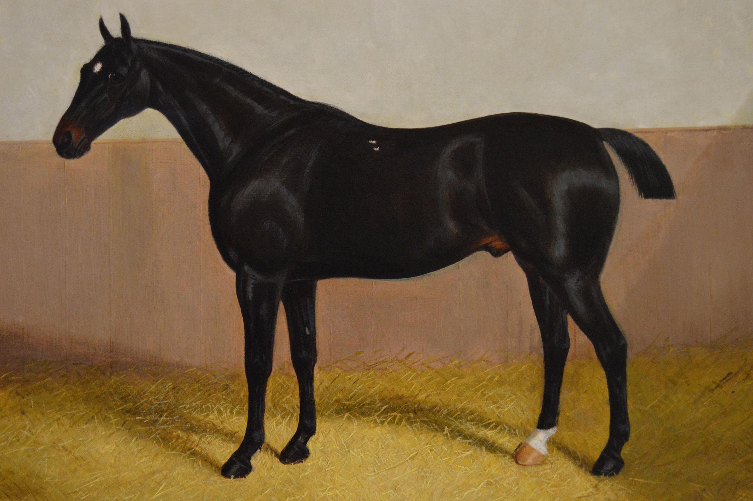 19th Century horse portrait oil painting of a dark seal brown horse in a stable - Victorian Painting by Albert Clark