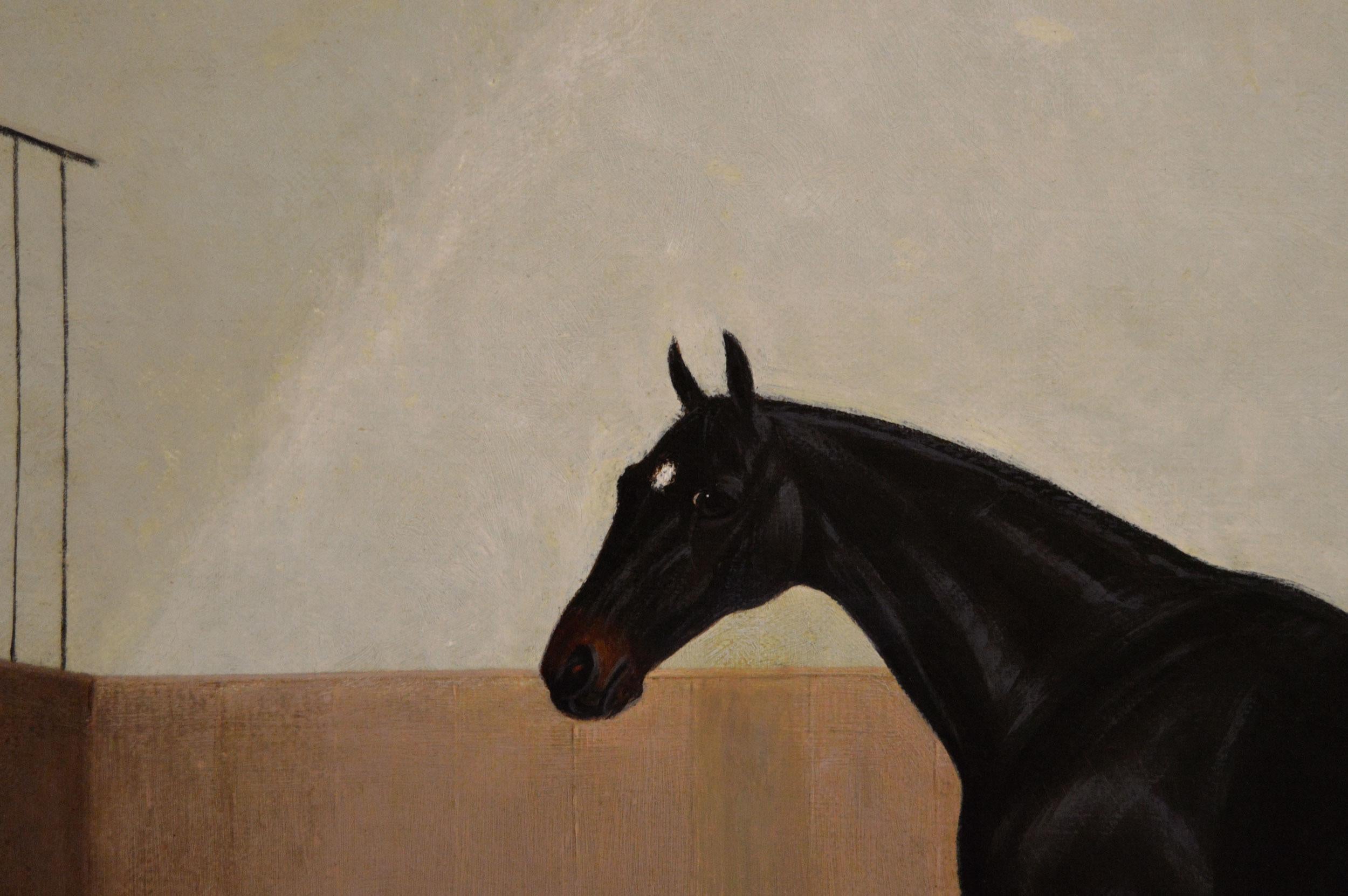 19th Century horse portrait oil painting of a dark seal brown horse in a stable - Brown Animal Painting by Albert Clark