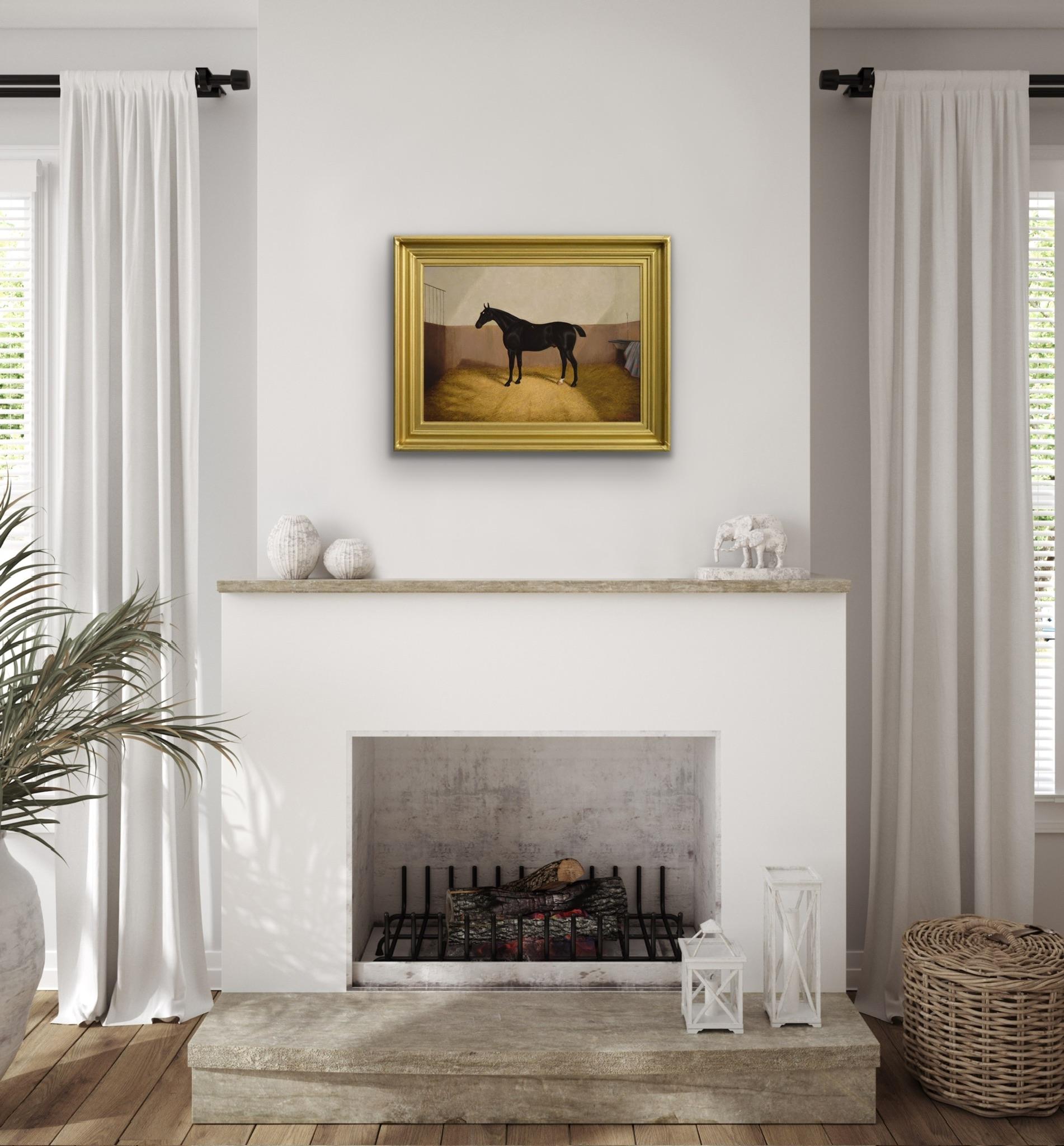 19th Century horse portrait oil painting of a dark seal brown horse in a stable For Sale 2