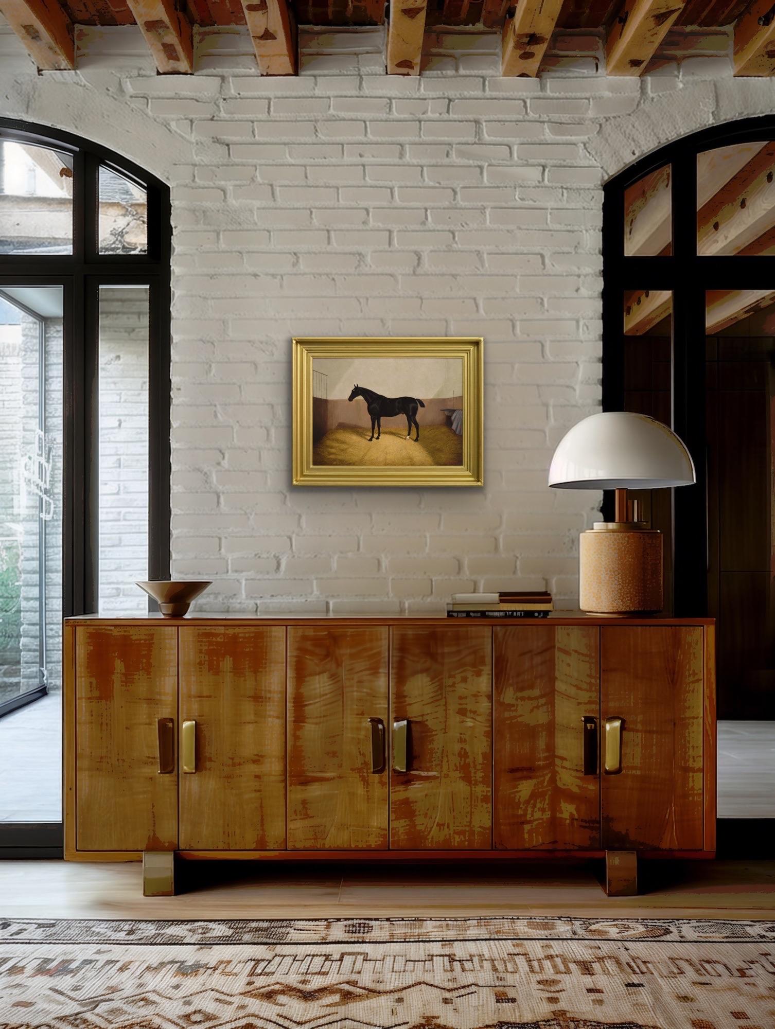 19th Century horse portrait oil painting of a dark seal brown horse in a stable For Sale 3