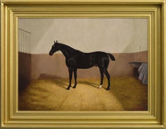 Peinture à l'huile du 19e siècle représentant un cheval marron foncé dans une écurie