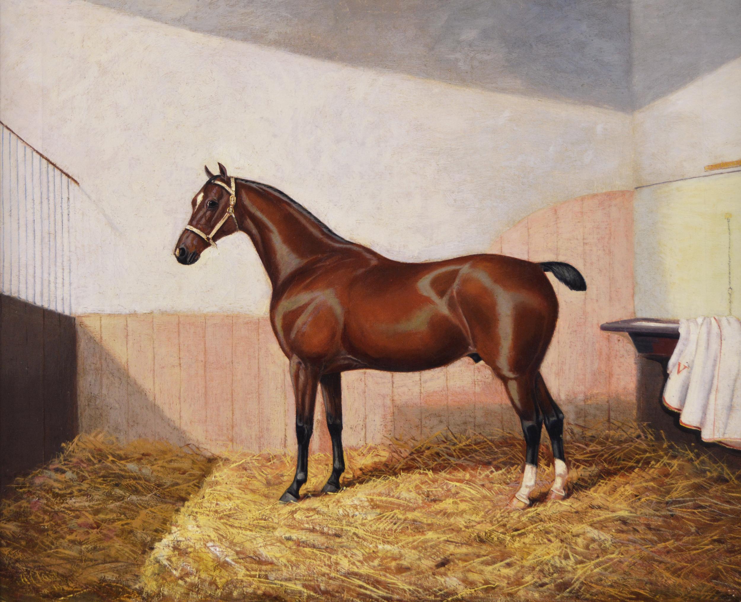 19th Century oil painting of a horse in a stable - Painting by Albert Clark