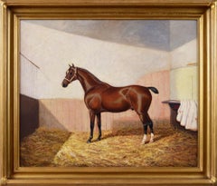 peinture à l'huile du 19ème siècle représentant un cheval dans une écurie