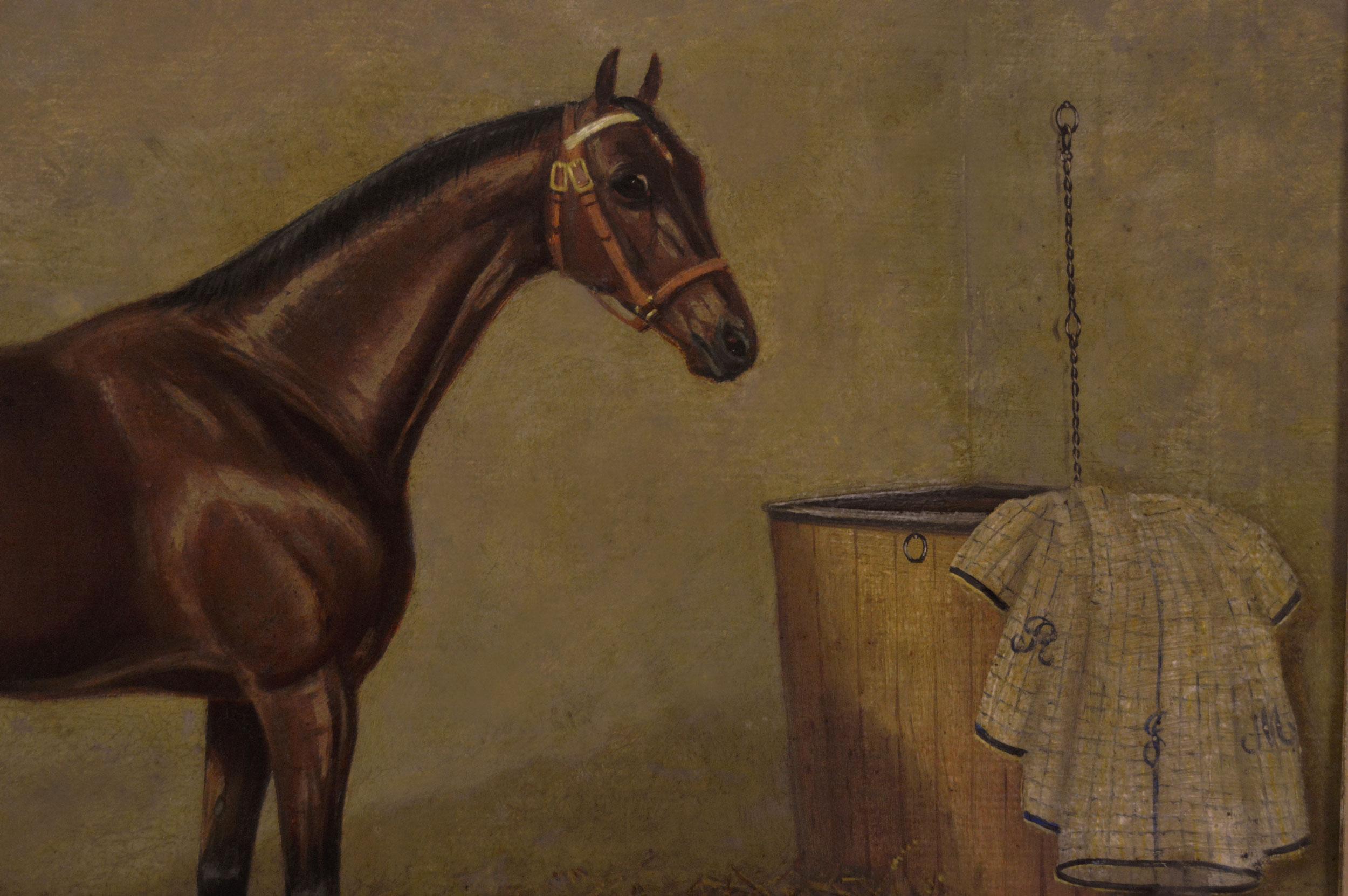 Coppia di ritratti di cavalli sportivi del XIX secolo dipinti a olio di stalloni baio - Animal Painting Marrone di Albert Clark