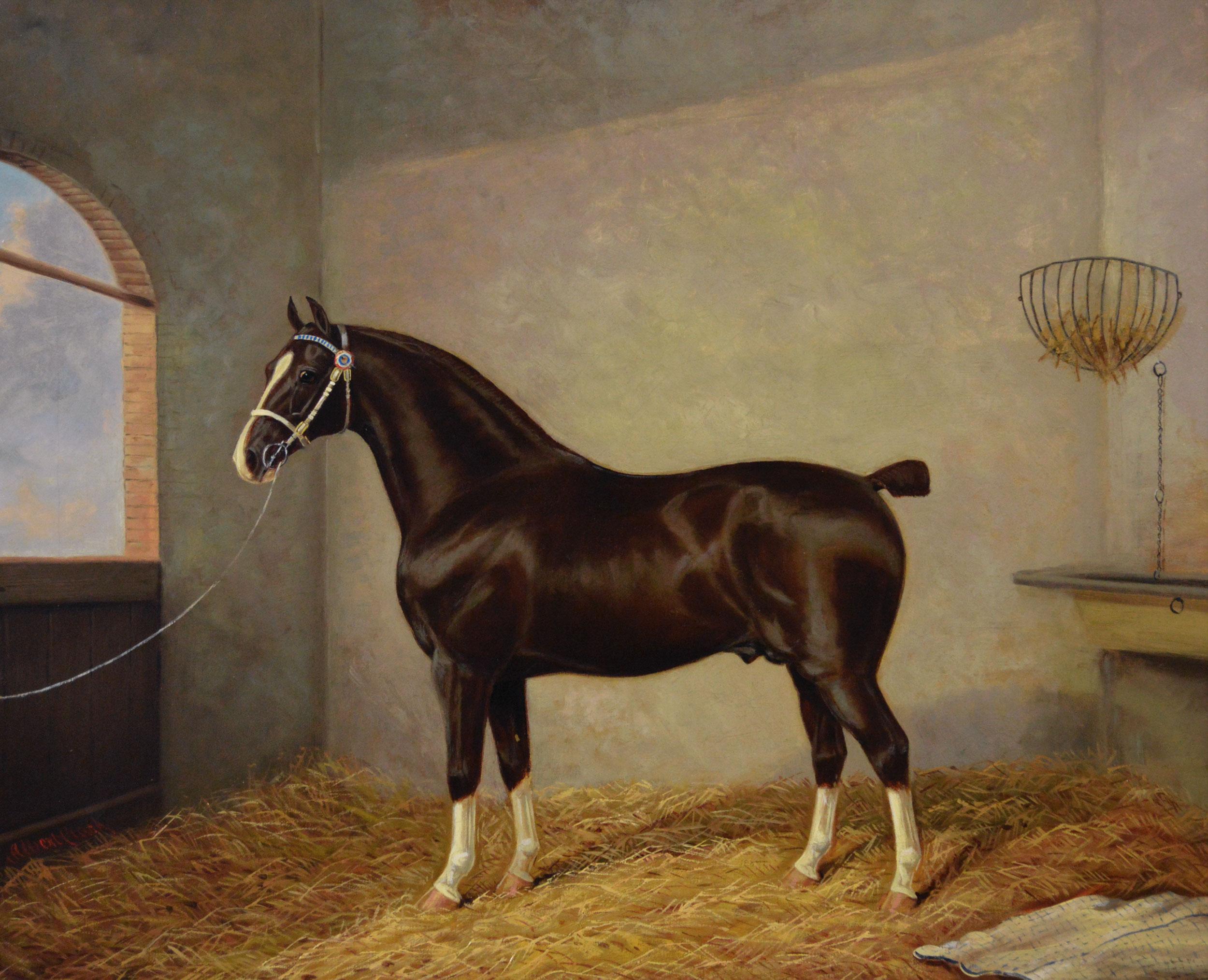 19th Century sporting horse portrait oil painting of the stallion Rosador - Painting by Albert Clark