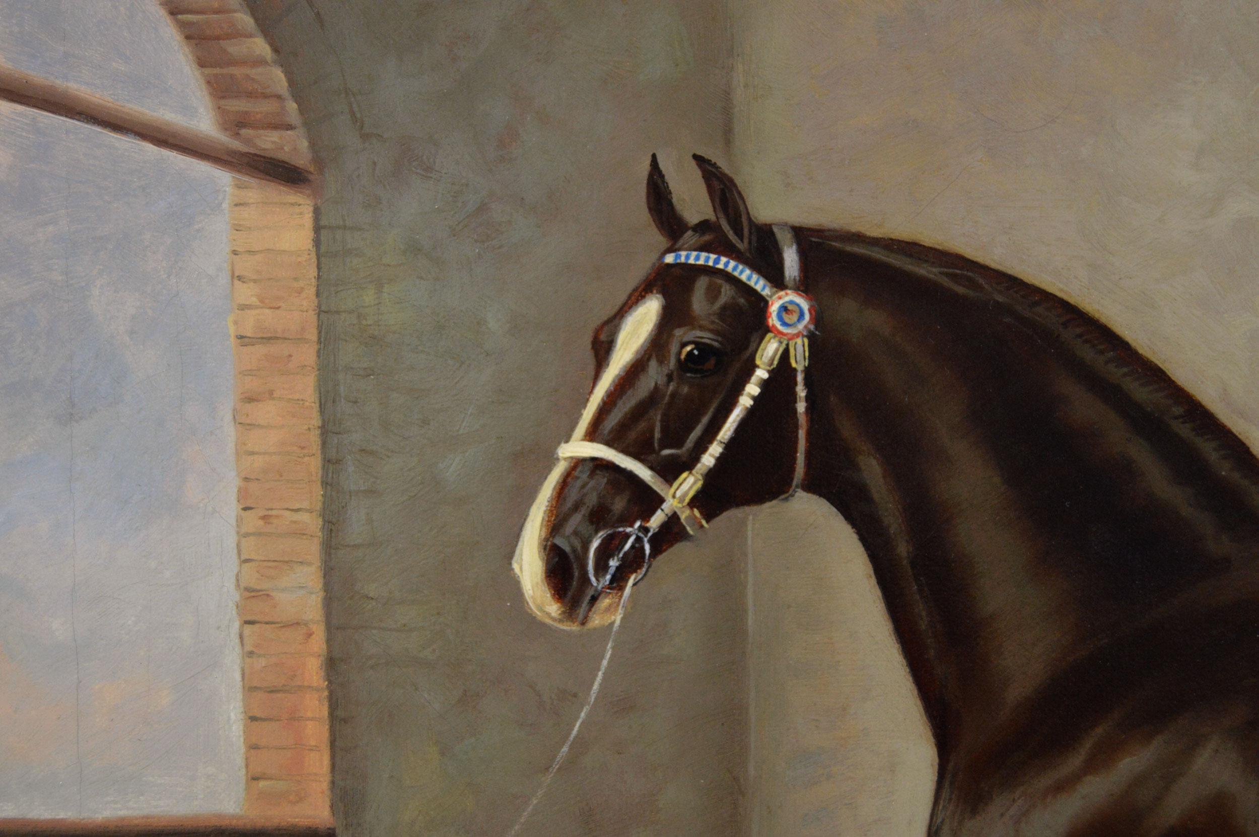 19th Century sporting horse portrait oil painting of the stallion Rosador - Victorian Painting by Albert Clark
