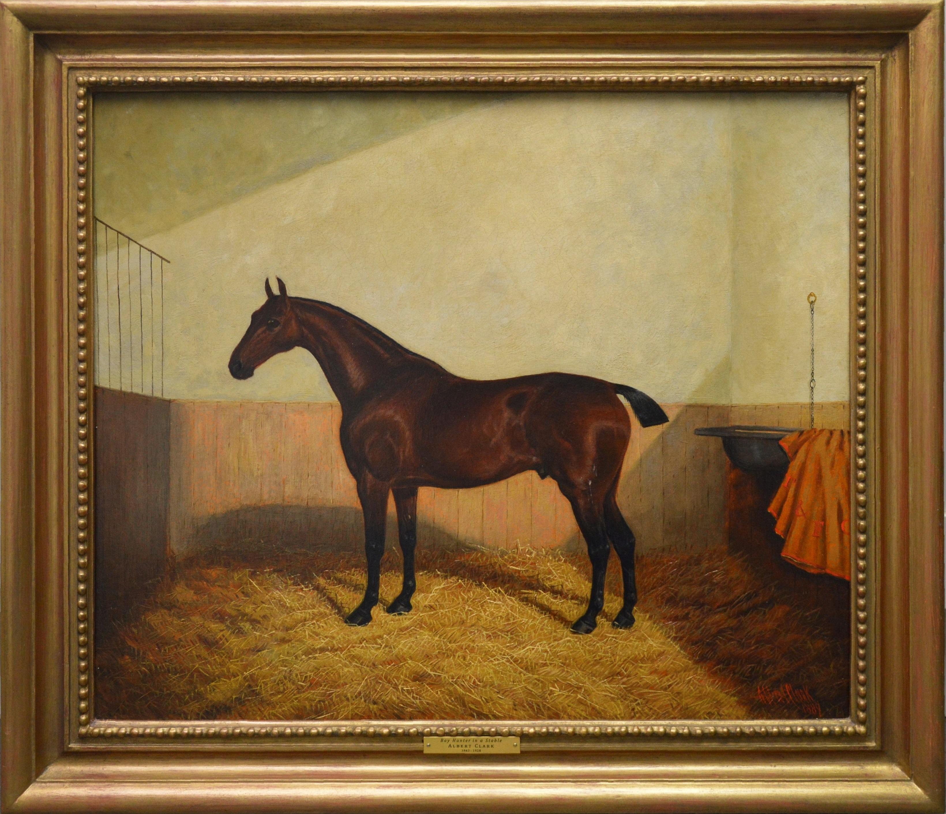 Albert Clark Portrait Painting - Bay Hunter in a Stable - 19th Century Equine Portrait Oil Painting 