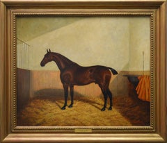 Chasseur bai dans une écurie - Peinture à l'huile de portrait équin du 19ème siècle