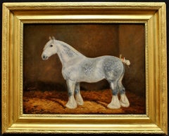 Grey Shire Horse in a Loose Box - English Oil on Canvas Antique Oil Painting