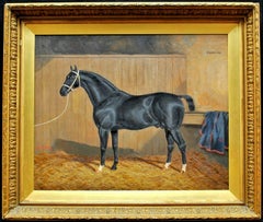 The Race Horse Fashion in a Stable - 19th Century Antique Oil on Canvas Painting