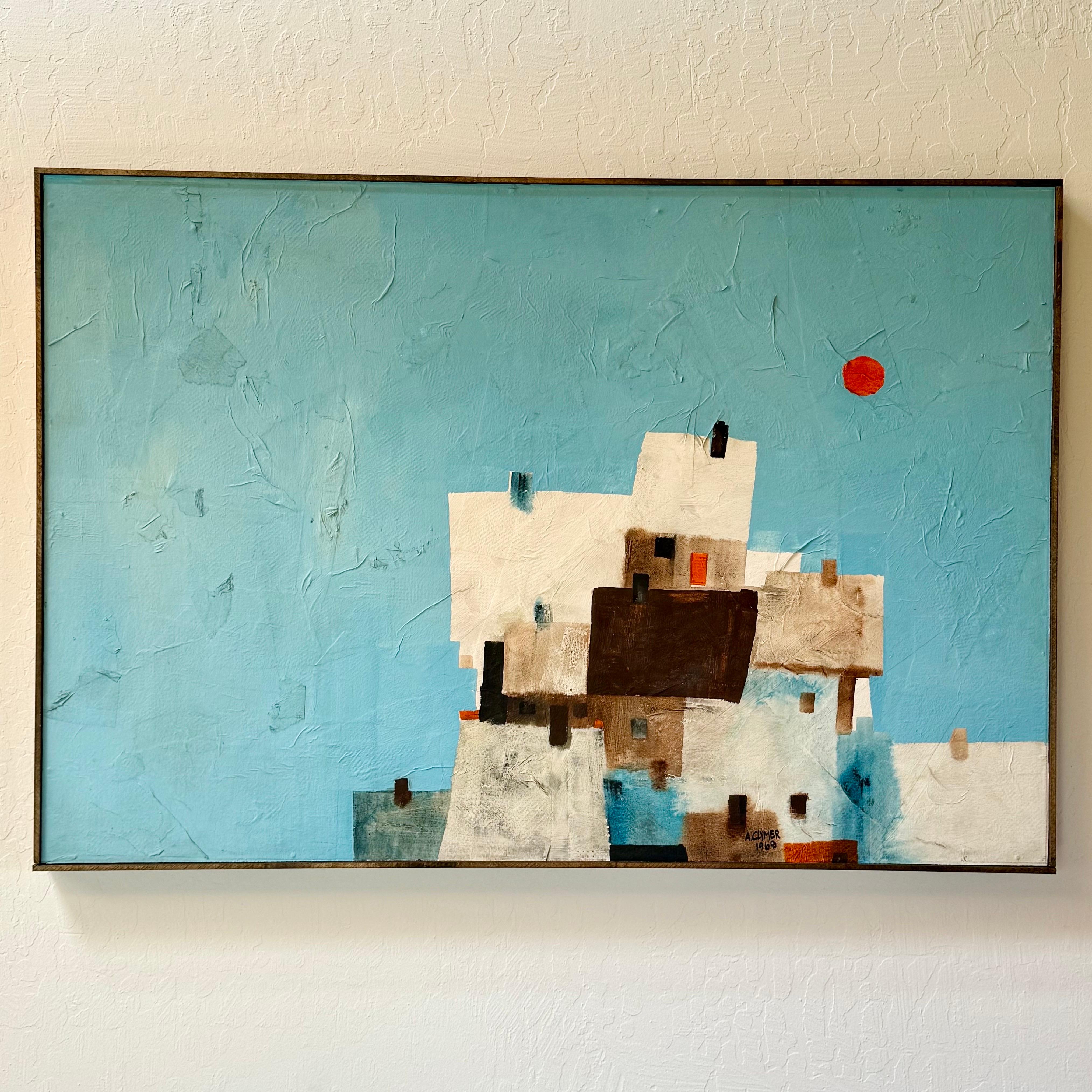 Fantastic modern architectural landscape painting on board by Albert Anderson Clymer c1969. Clymer was born in Denison, Texas in 1942. He began his studies at Texas A&M. After becoming aware of design through architect courses, he discovered art