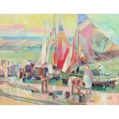 Albert Coll "Port de Peche":: peinture à l'huile impressionniste:: années 1950