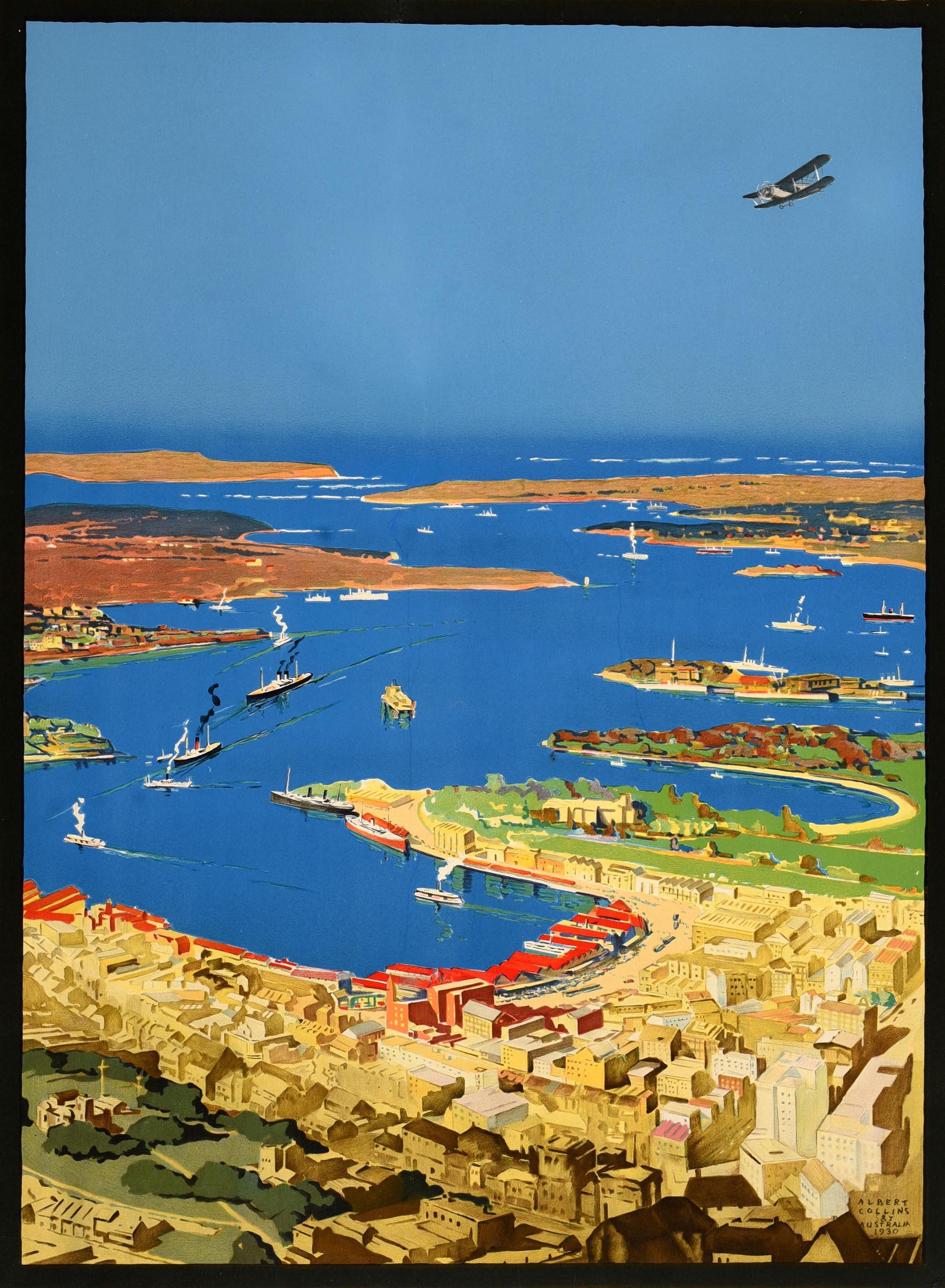 Affiche vintage originale de voyage Australie Sydney Loveliest Harbour Art Deco - Print de Albert Collins