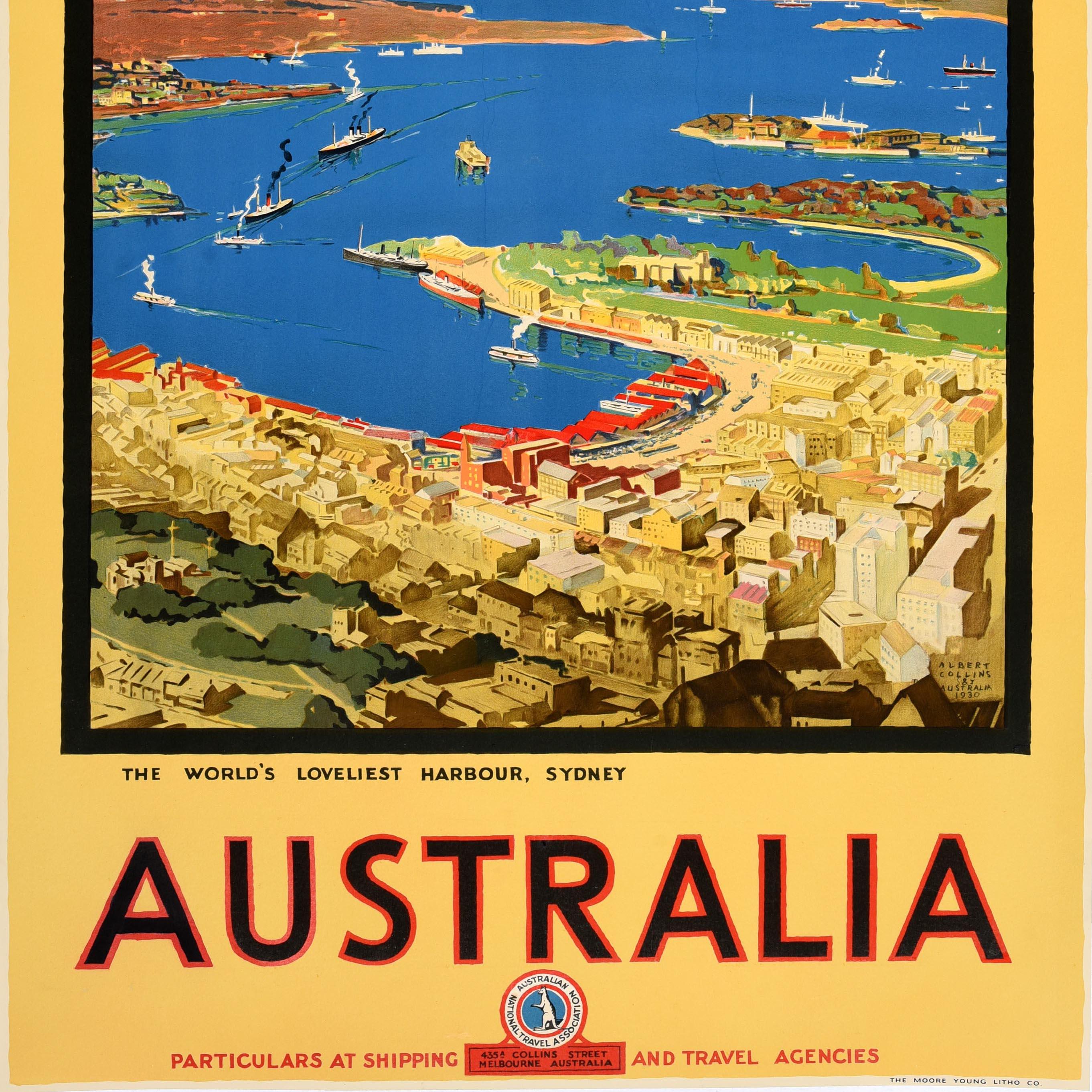 Affiche vintage originale de voyage Australie Sydney Loveliest Harbour Art Deco - Gris Print par Albert Collins