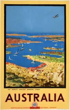 Affiche vintage originale de voyage Australie Sydney Loveliest Harbour Art Deco