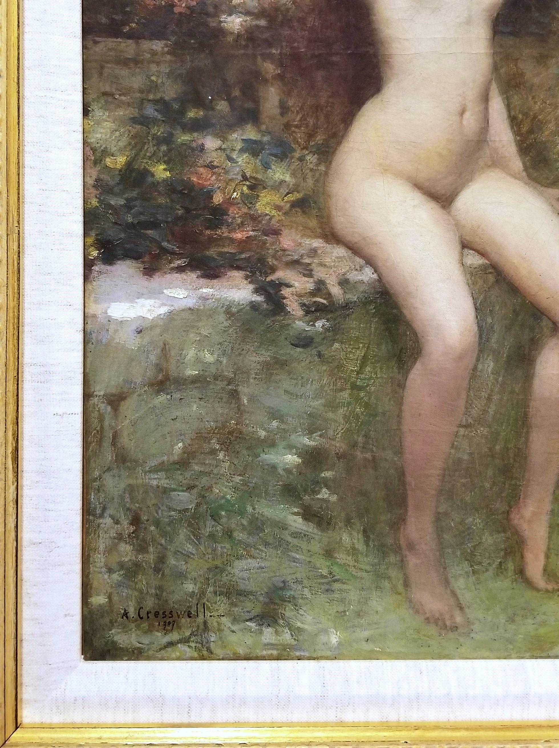 Jeune Femme dans Le Jardin avec Sculpture de Bacchus /// Symbolisme Peinture de nu 5