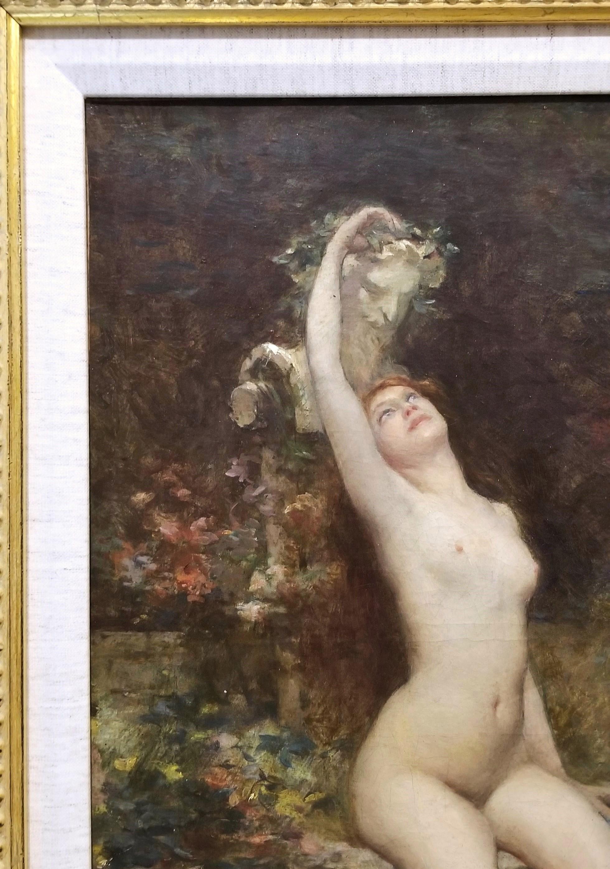 Jeune Femme dans Le Jardin avec Sculpture de Bacchus /// Symbolisme Peinture de nu 6