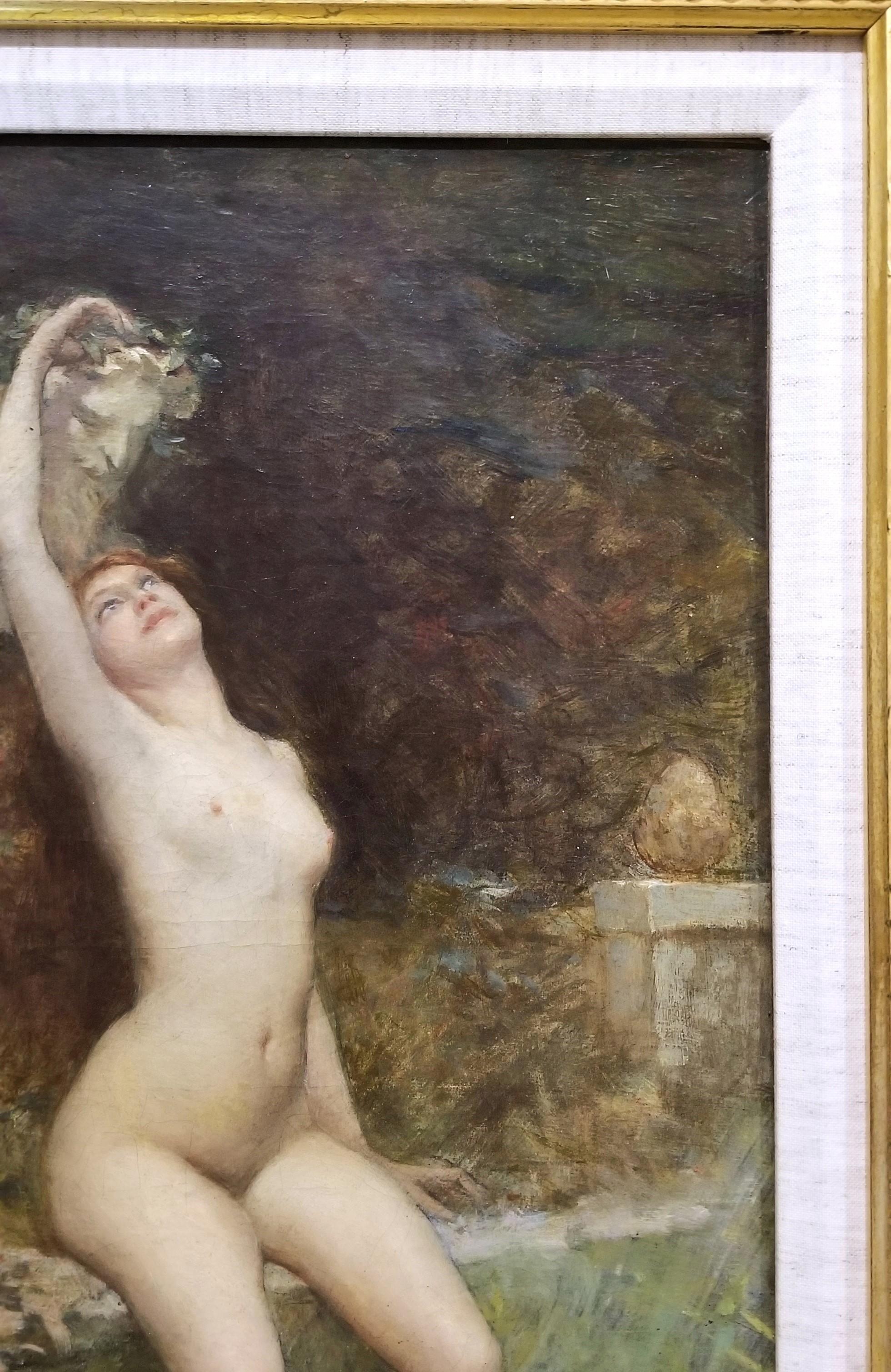 Jeune Femme dans Le Jardin avec Sculpture de Bacchus /// Symbolisme Peinture de nu 7