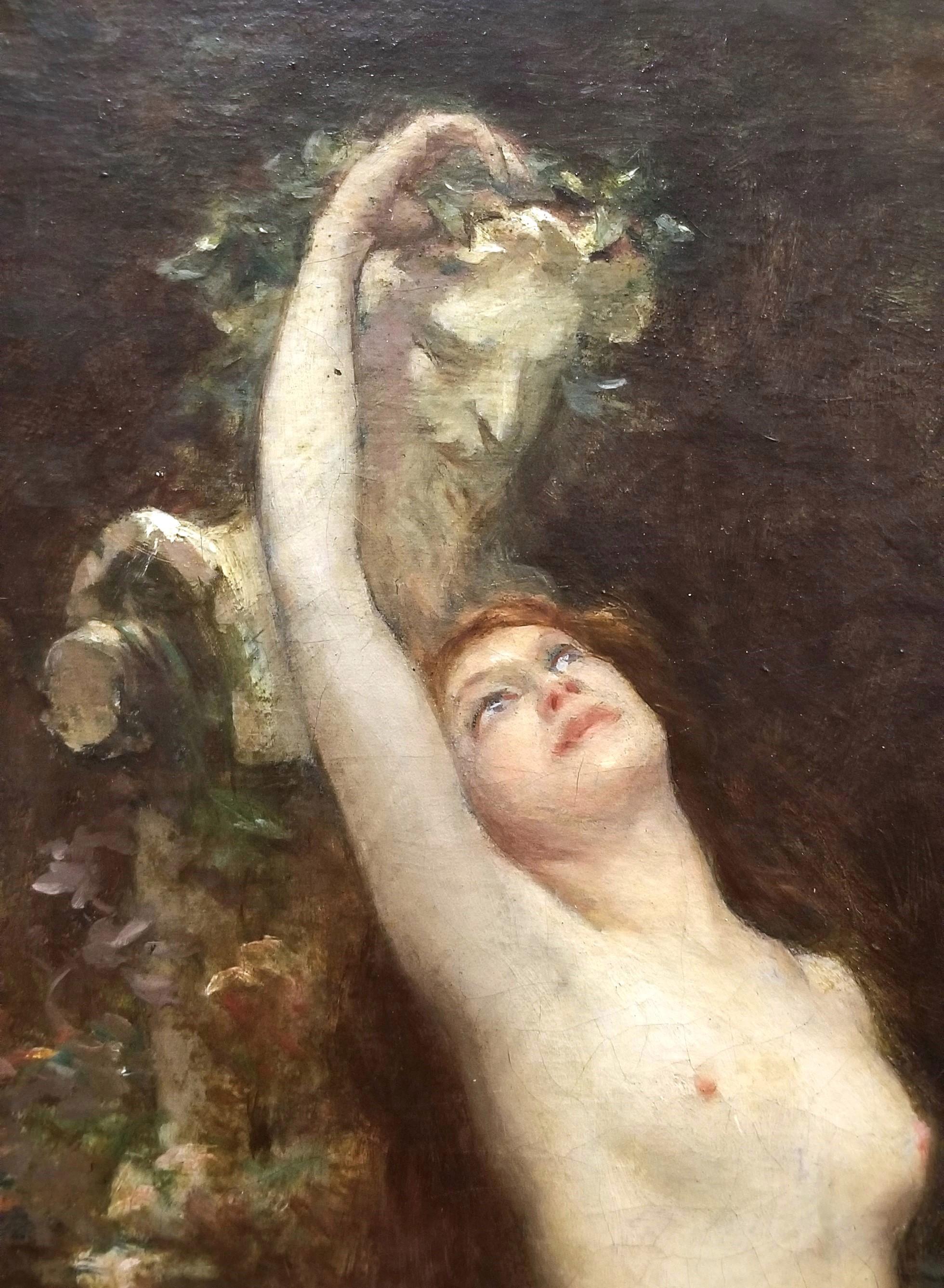 Jeune Femme dans Le Jardin avec Sculpture de Bacchus /// Symbolisme Peinture de nu 9