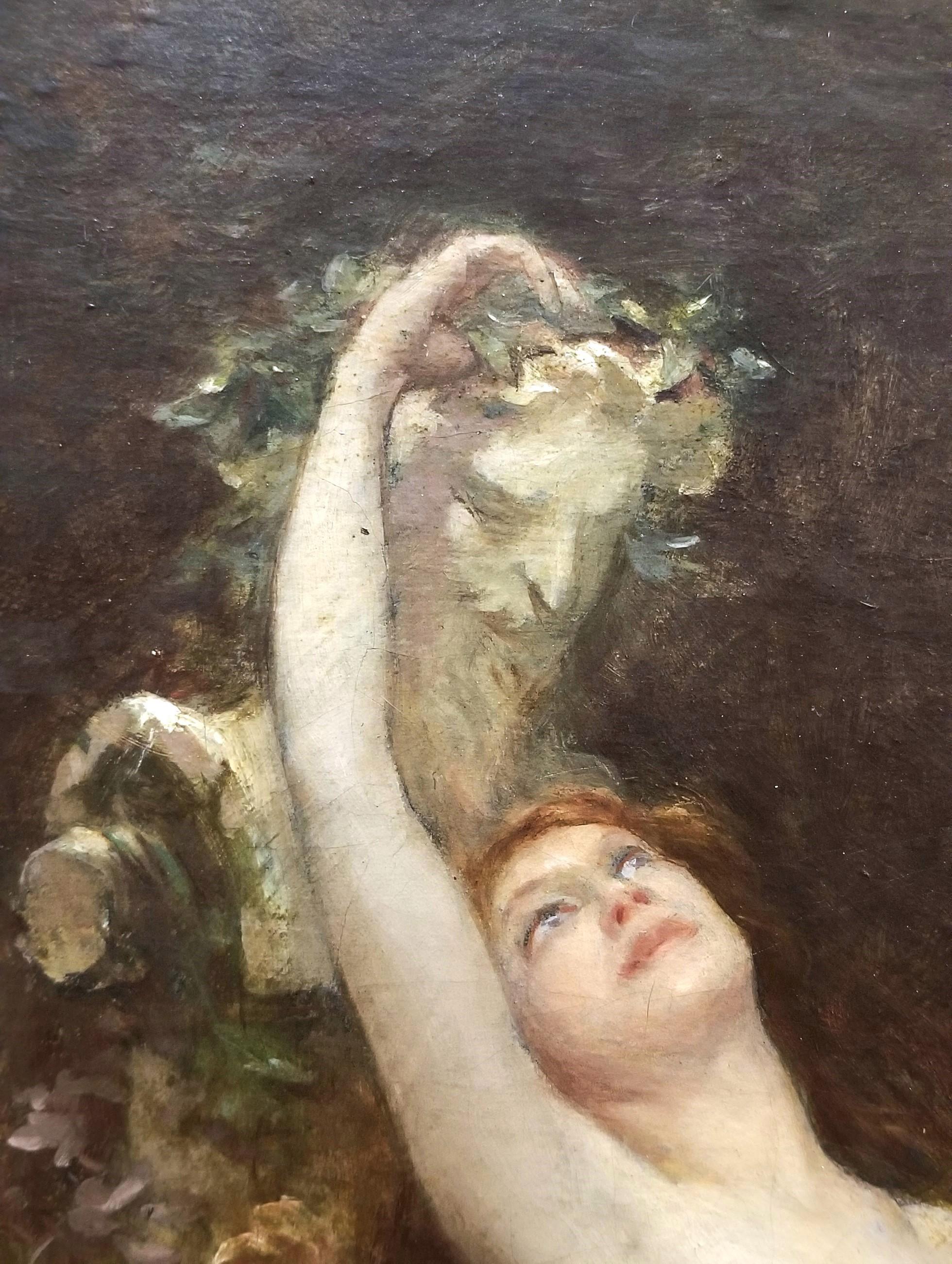 Jeune Femme dans Le Jardin avec Sculpture de Bacchus /// Symbolisme Peinture de nu 11