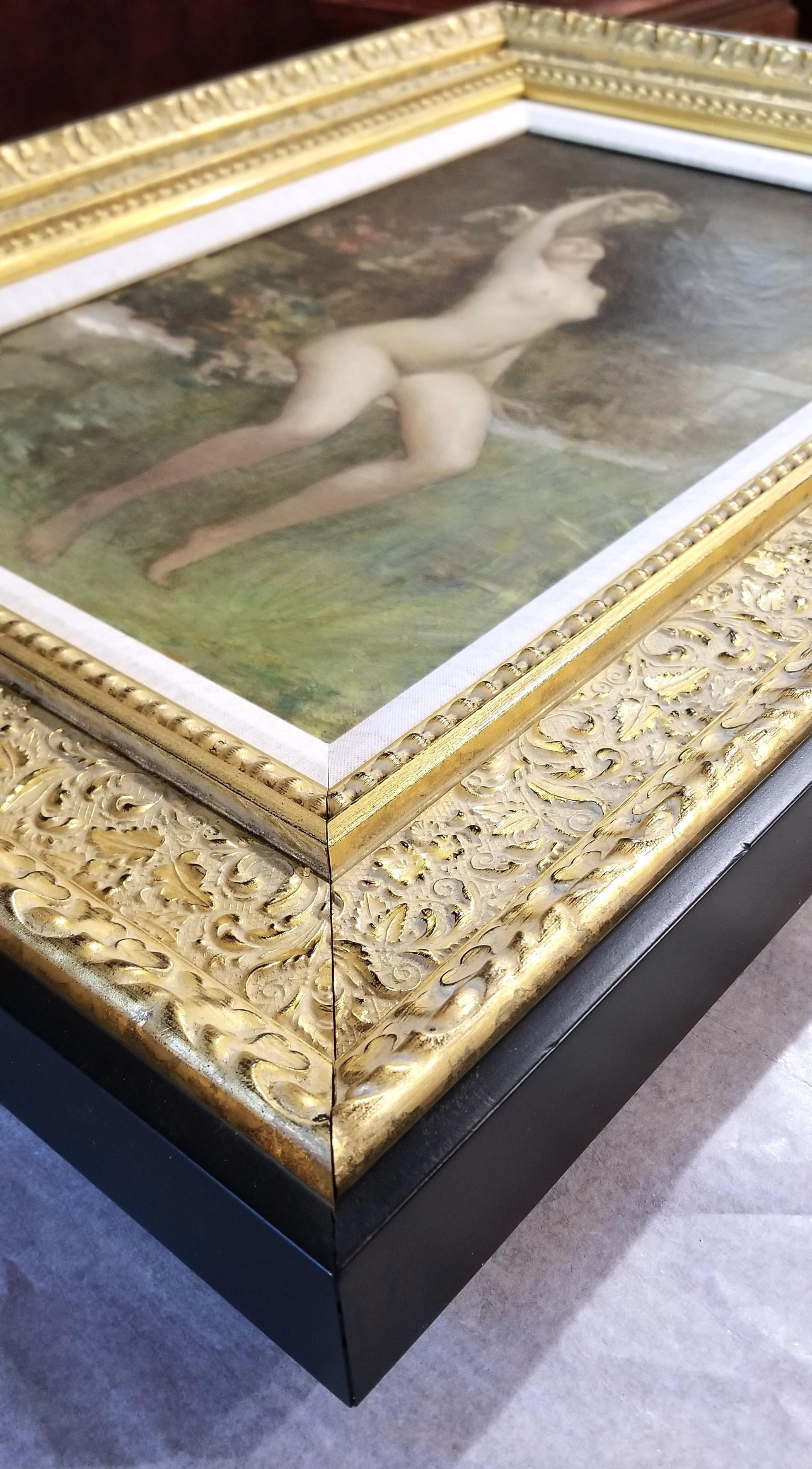 Jeune Femme dans Le Jardin avec Sculpture de Bacchus /// Symbolisme Peinture de nu 13
