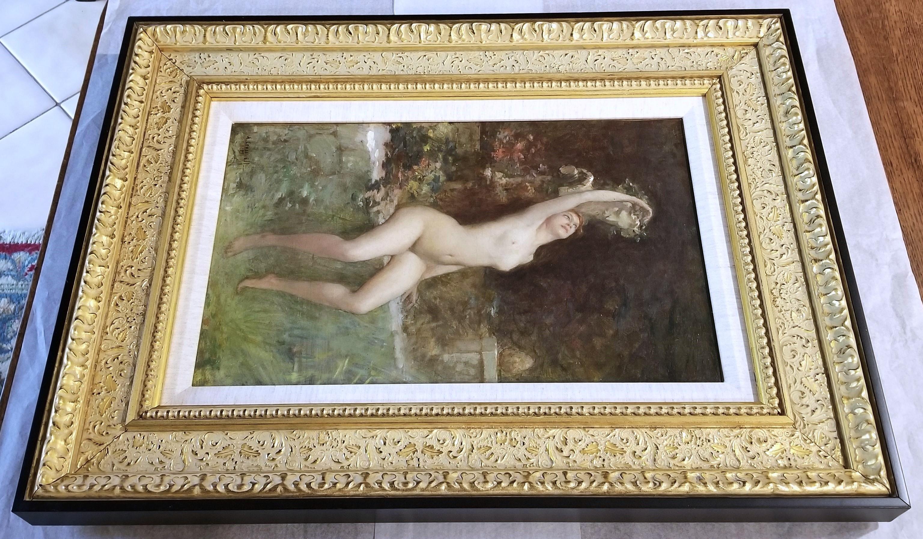 Jeune Femme dans Le Jardin avec Sculpture de Bacchus /// Symbolisme Peinture de nu 14