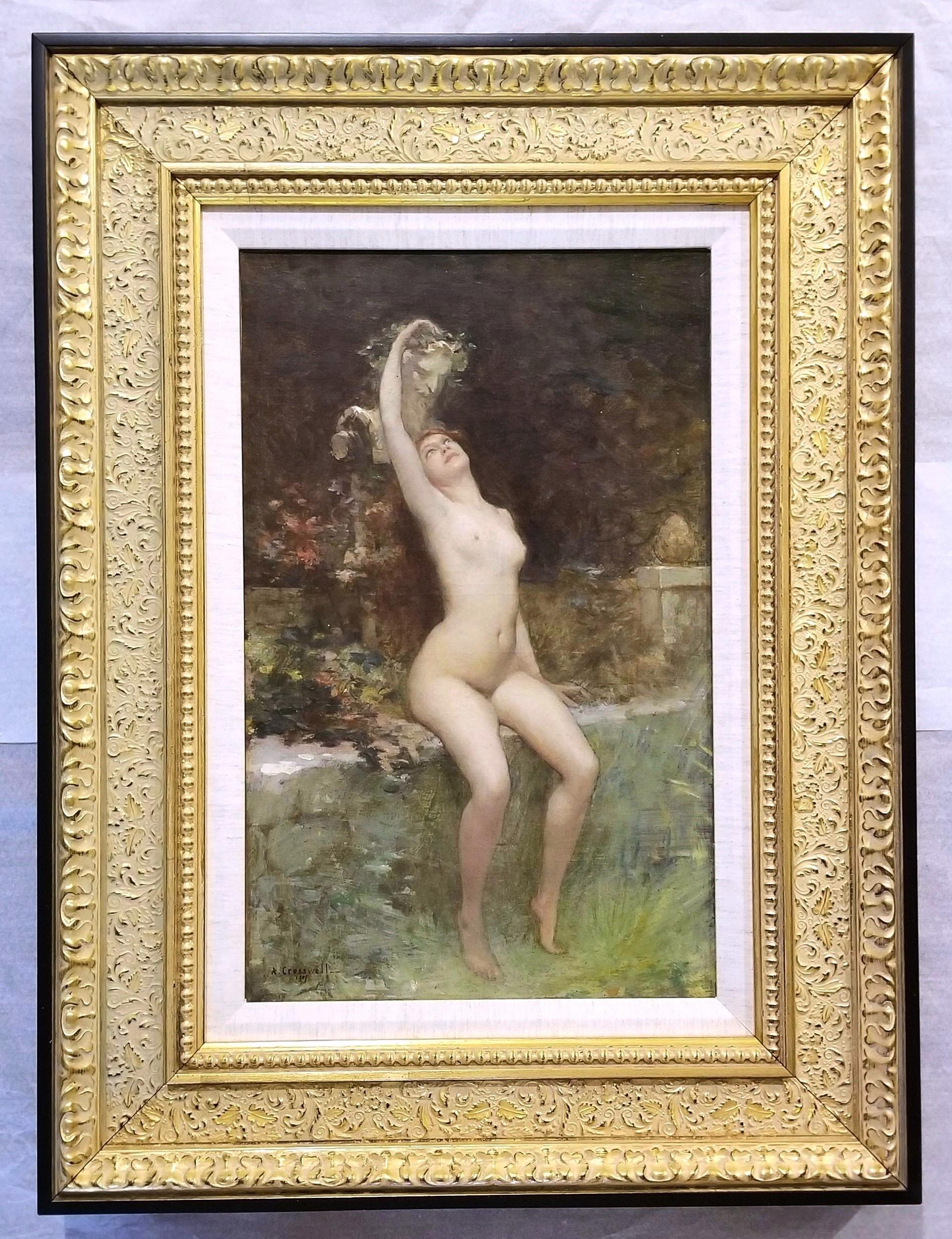 Jeune Femme dans Le Jardin avec Sculpture de Bacchus /// Symbolisme Peinture de nu - Art nouveau Painting par Albert Cresswell
