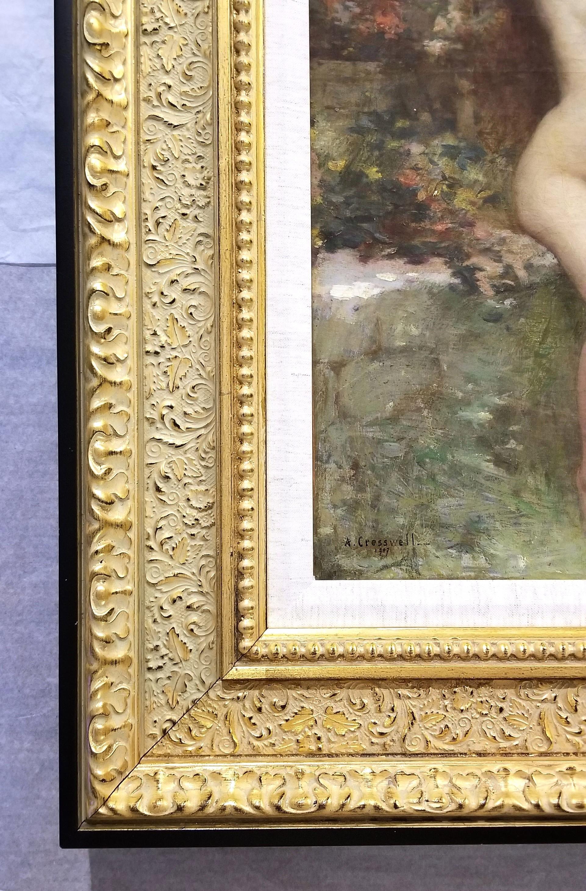 Jeune Femme dans Le Jardin avec Sculpture de Bacchus /// Symbolisme Peinture de nu - Marron Nude Painting par Albert Cresswell