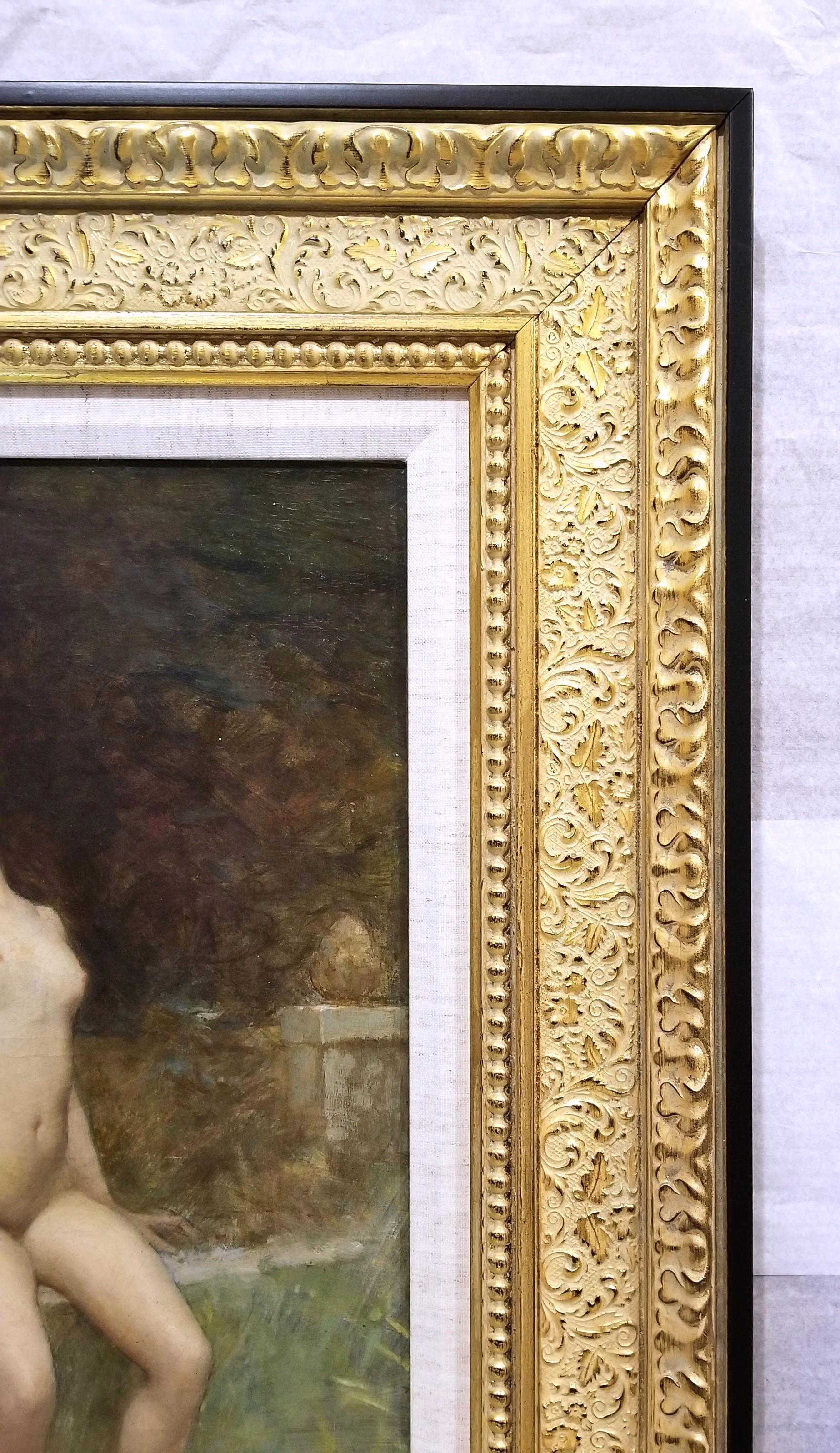 Jeune Femme dans Le Jardin avec Sculpture de Bacchus /// Symbolisme Peinture de nu 1
