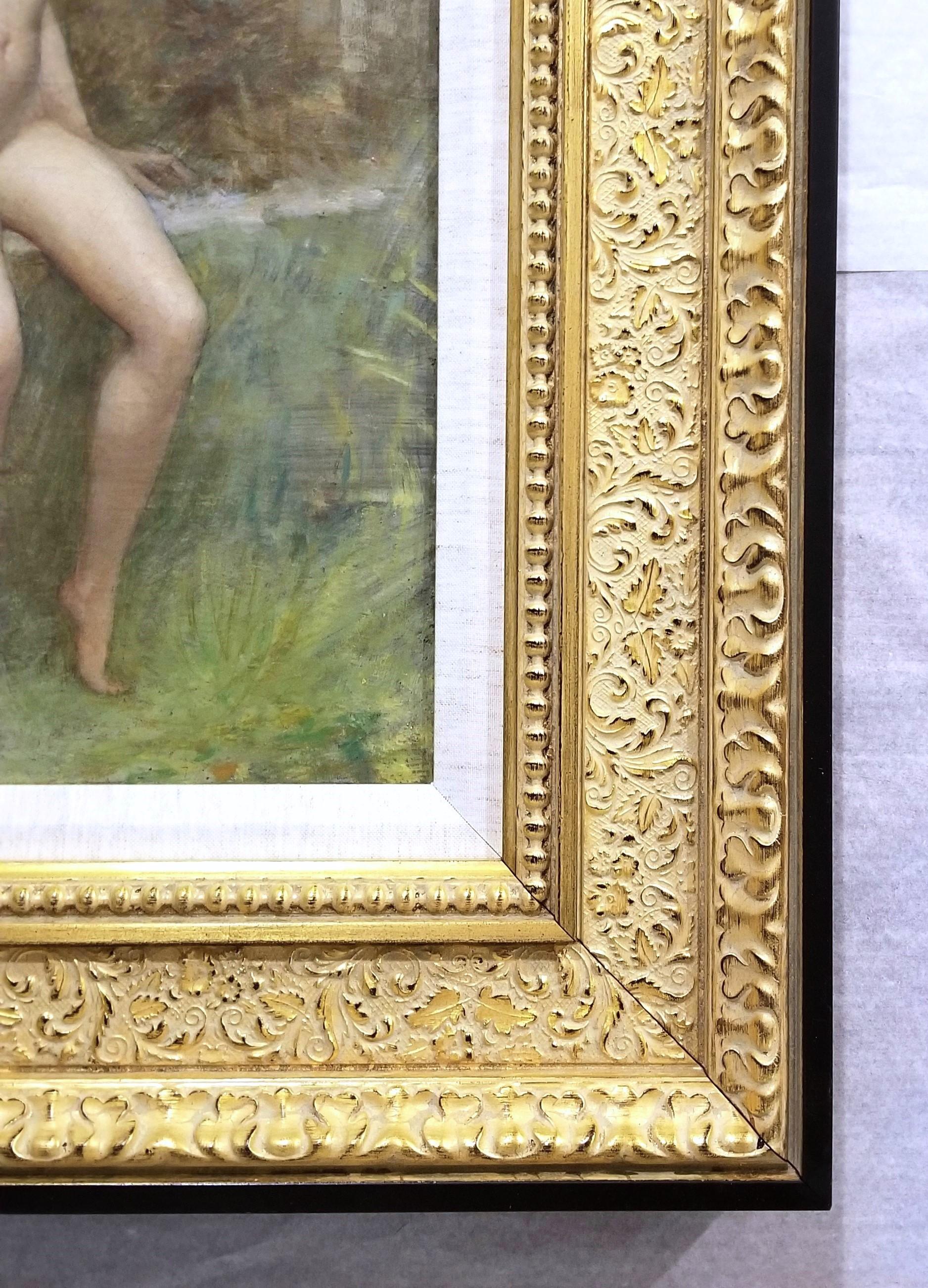 Jeune Femme dans Le Jardin avec Sculpture de Bacchus /// Symbolisme Peinture de nu 2