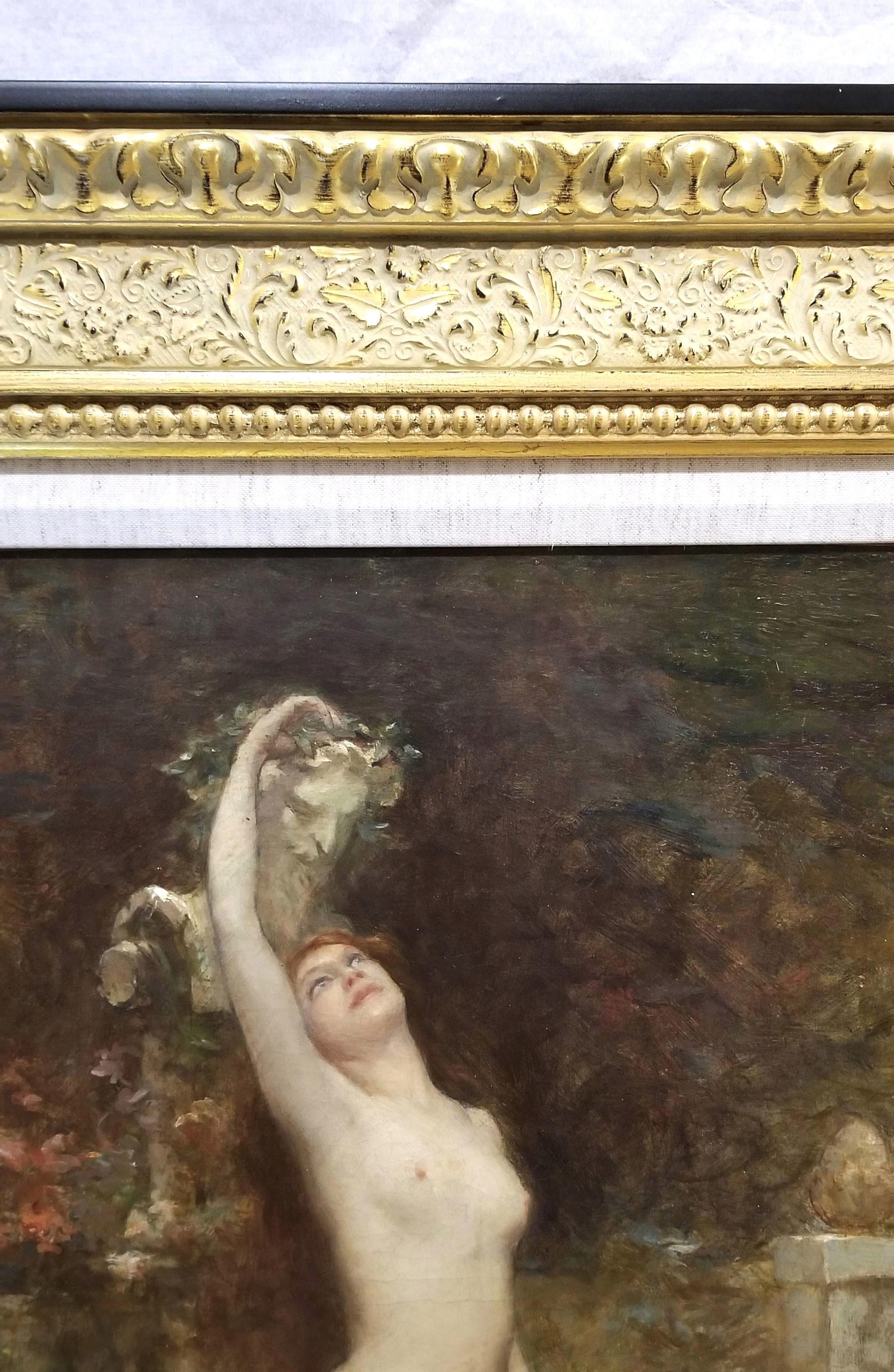 Jeune Femme dans Le Jardin avec Sculpture de Bacchus /// Symbolisme Peinture de nu 3