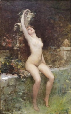Jeune Femme dans Le Jardin avec Skulpture de Bacchus /// Symbolismus Aktgemälde