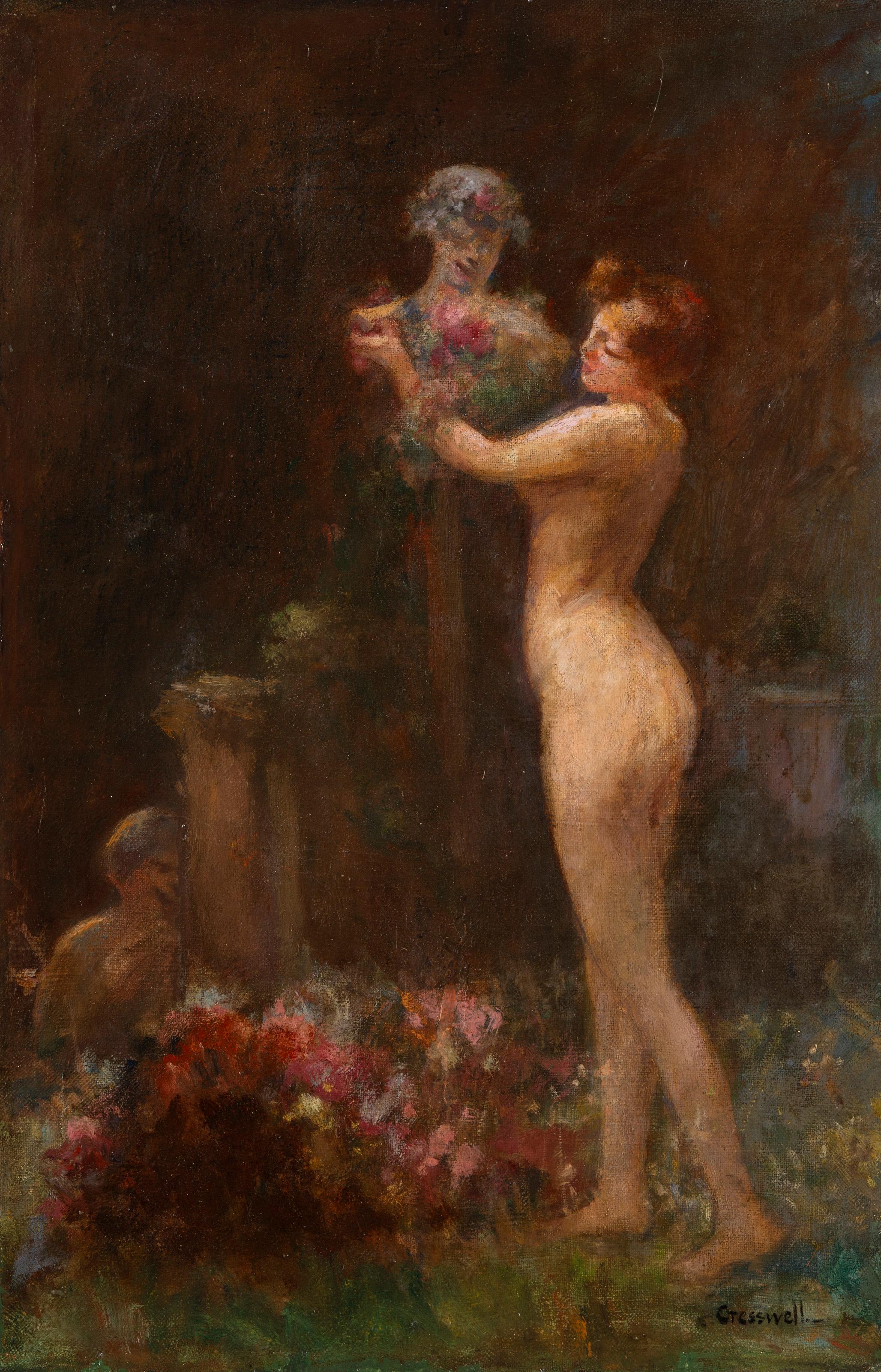 Nymph Adorning a Bust in a Garden, Signed Nude Painting