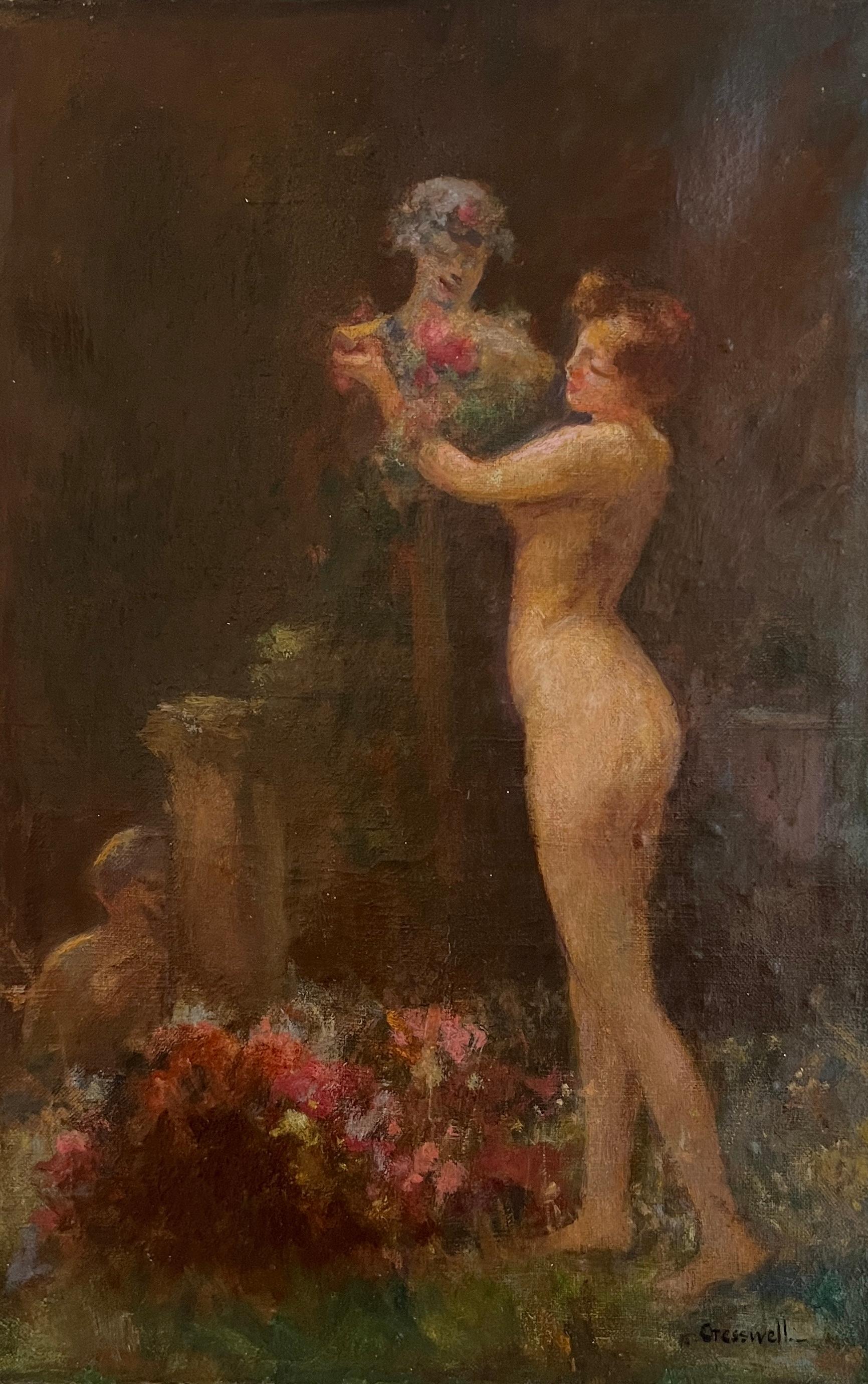 Albert Cresswell Nude Painting - Nymph from behind with statue and cherub