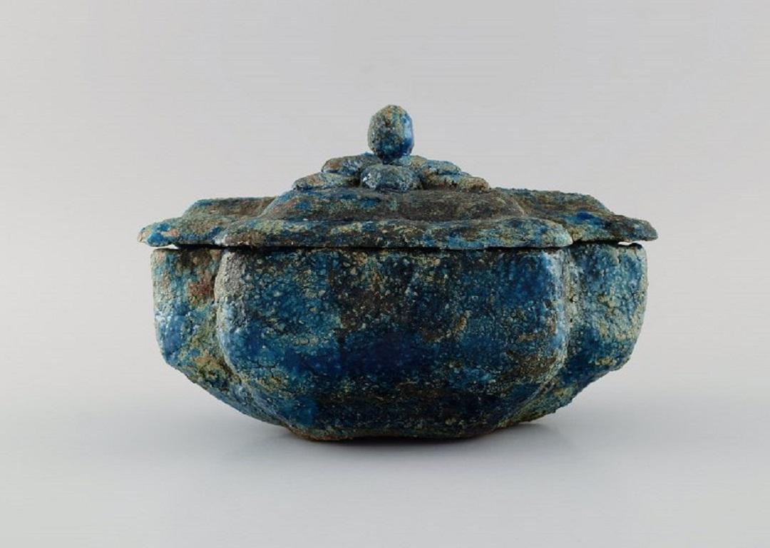 Albert Dahan for Vallauris. Unique lidded chest in glazed stoneware. 
Beautiful glaze in shades of blue. 
Ca. 1970.
Measures: 21 x 16 cm.
Height: 13.5 cm.
In excellent condition.
Indistinctly signed.