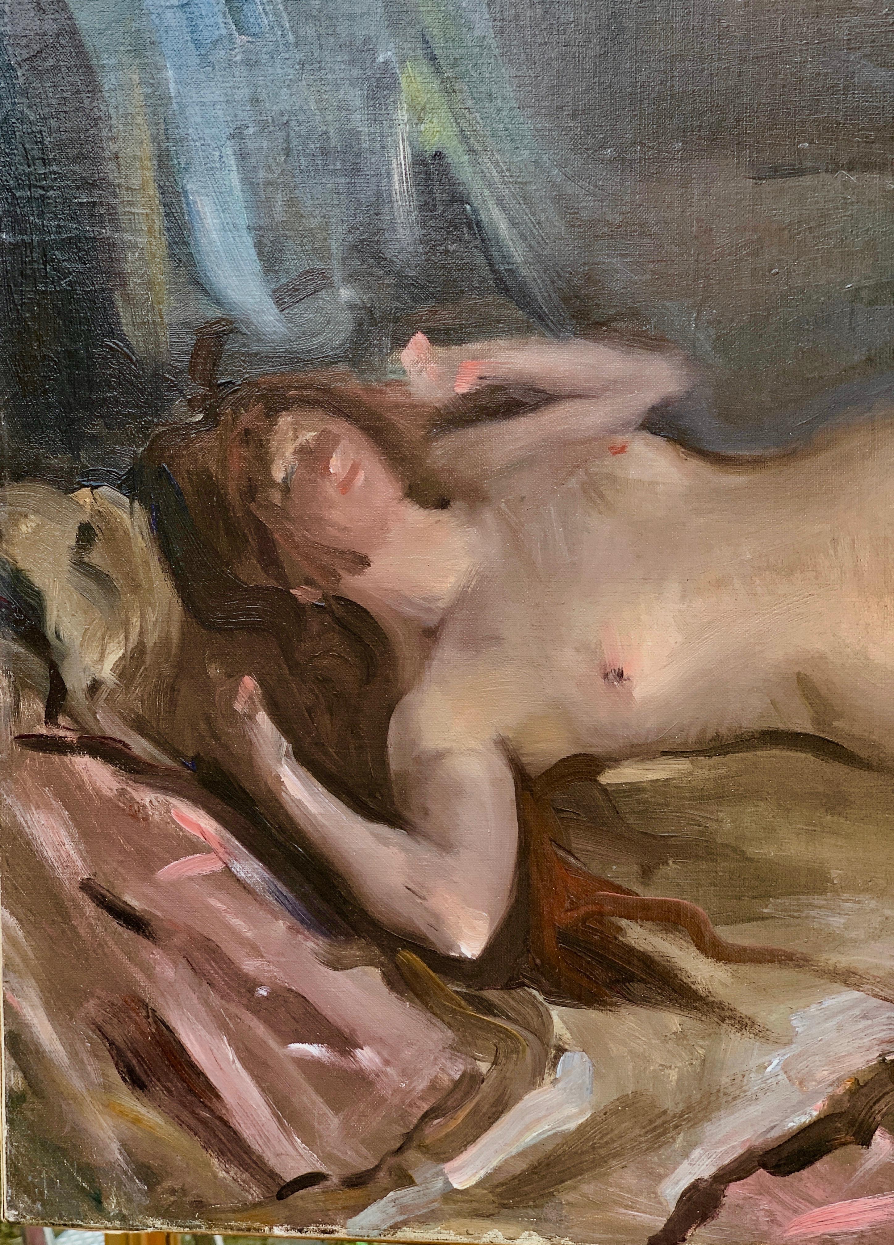 Impressionist Reclining Nude laying on a bed - Painting by Albert de Belleroche