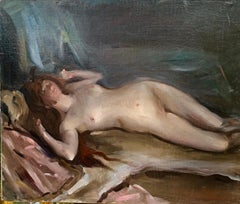 Antique Impressionist Reclining Nude laying on a bed