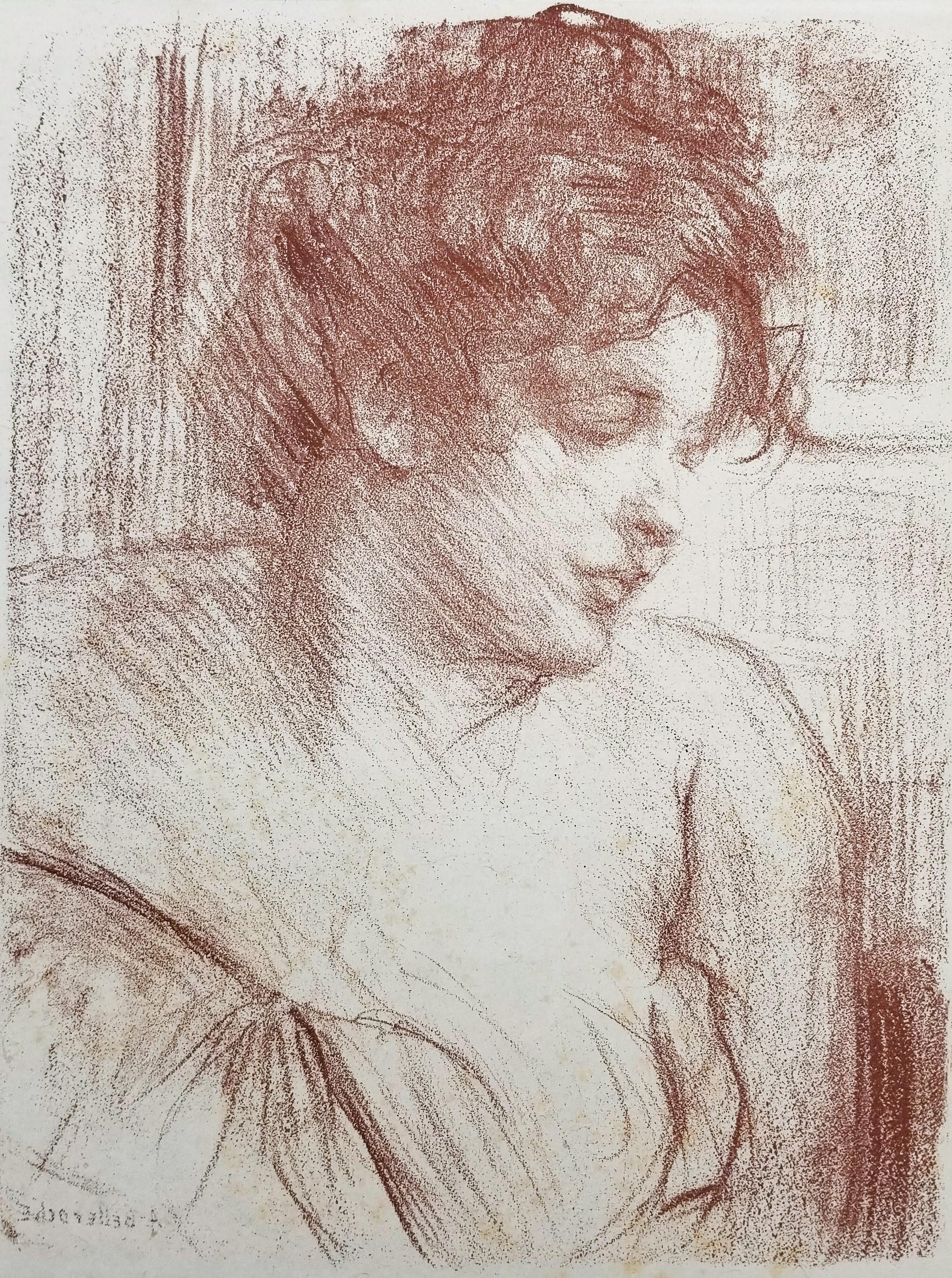 Albert de Belleroche Portrait Print - Etude (Study) /// Modern Art Portrait Lithograph Impressionist Red Lady Woman