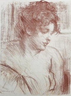 Etüde (Studie) /// Moderne Kunst Porträt Lithographie Impressionist Rote Dame Frau