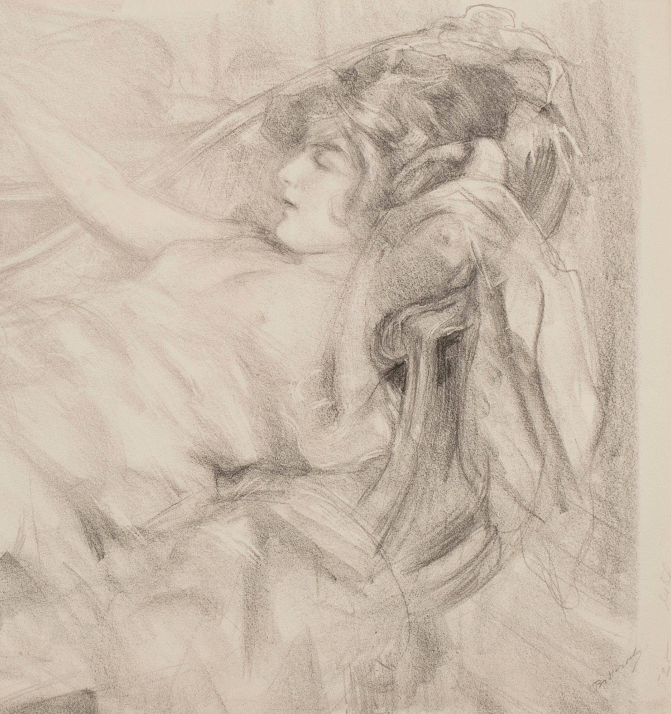 Nu couché tenant un collier - Beige Nude Print par Albert de Belleroche