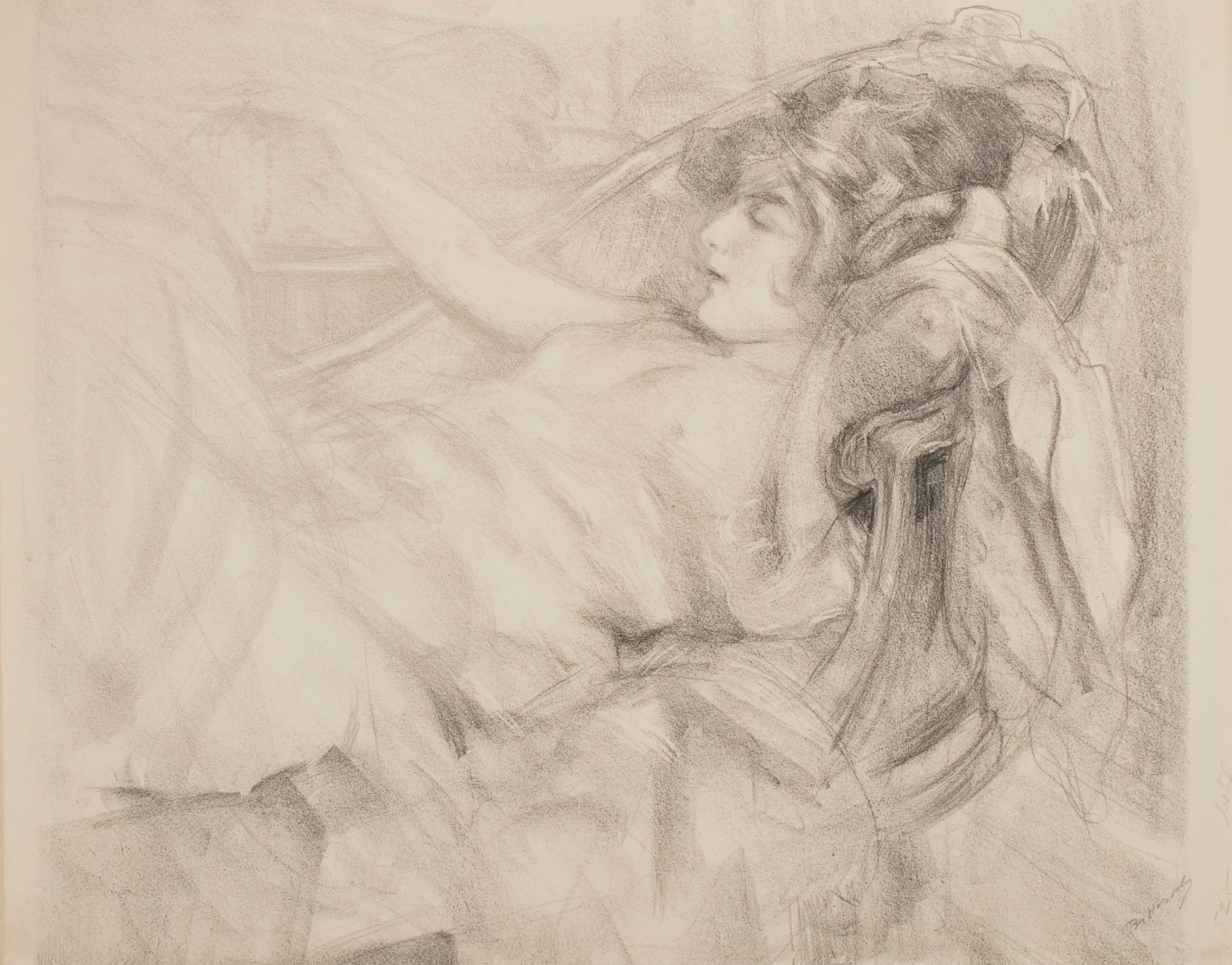 Albert de Belleroche Nude Print - Reclining Nude Holding a Necklace