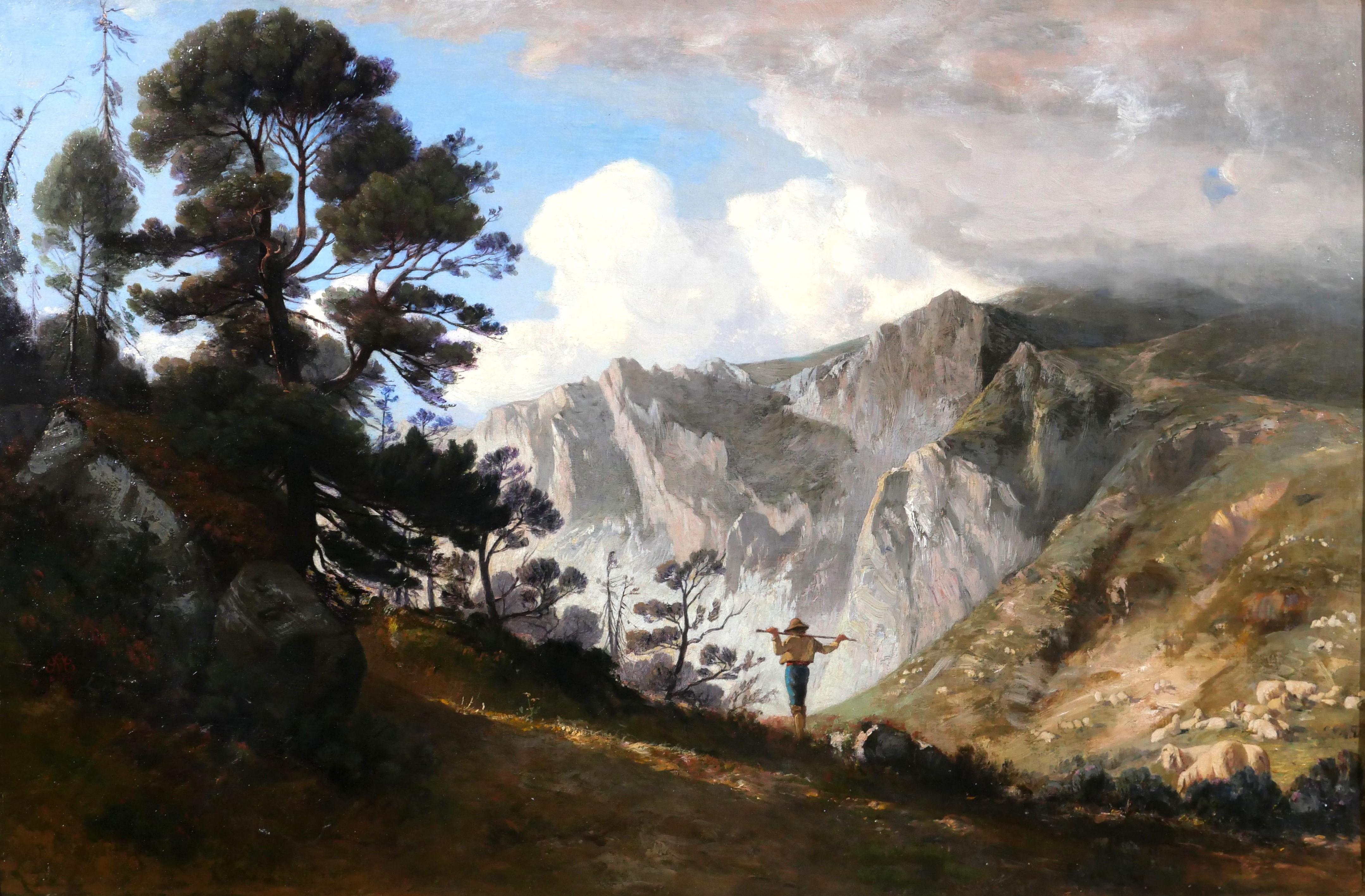 Albert de Meuron Landscape Painting - Mountain landscape with shepherd