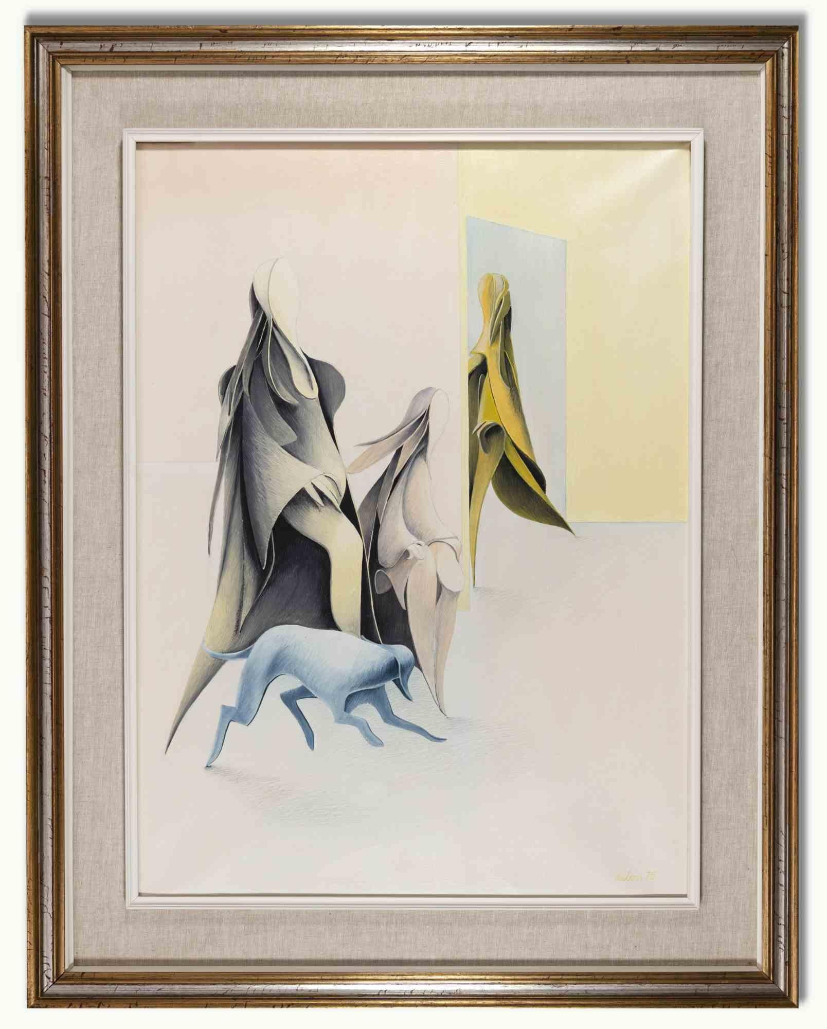 Untitled - Surrealist Scene is a contemporary artwork realized by Albert Debois in 1975.

Mixed colored oil on canvas.

Hand signed and dated on the lower right margin.

Includes frame: 95.5 x 5 x 75.5 cm

Dry stamp of the provenance: Gallerita di
