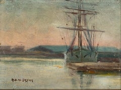 Albert Isidore De Vos - Óleo de principios del siglo XX, «Madrugada en el puerto»