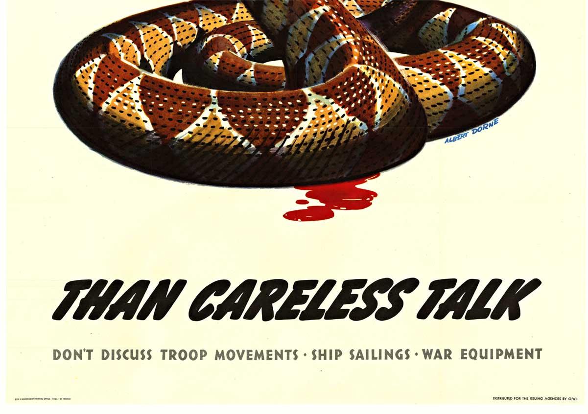 Original “Less Dangerous than Careless Talk” vintage World War Two poster.   Archivally linen=backed in fine condition A-, ready to frame.   Bright colors and excellent detail.   Very clean.   The images shown are the exact poster you will receive. 