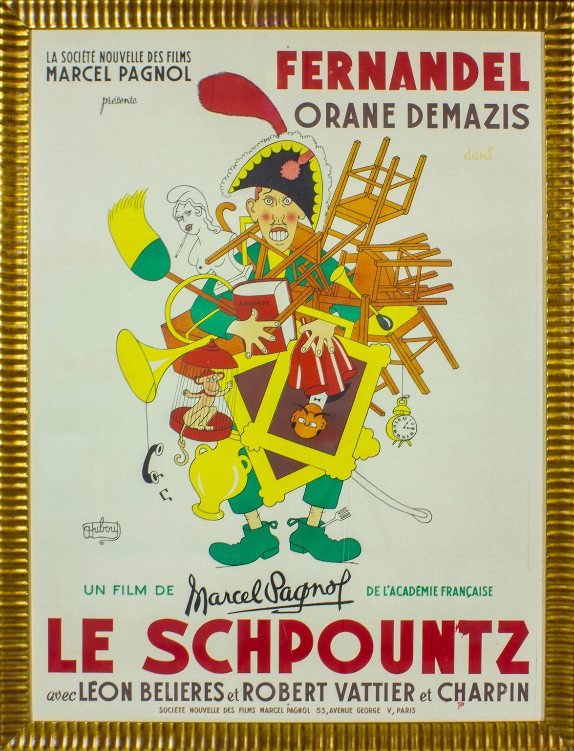 "Le Schpountz" original 1952 movie poster by artist Albert Dubout. Created for 1952 revival by the French Société Nouvelle des Films of the 1938 movie, "Le Schpountz" directed by Marcel Pagnol and starring Fernandel as a shopkeeper who inadvertently