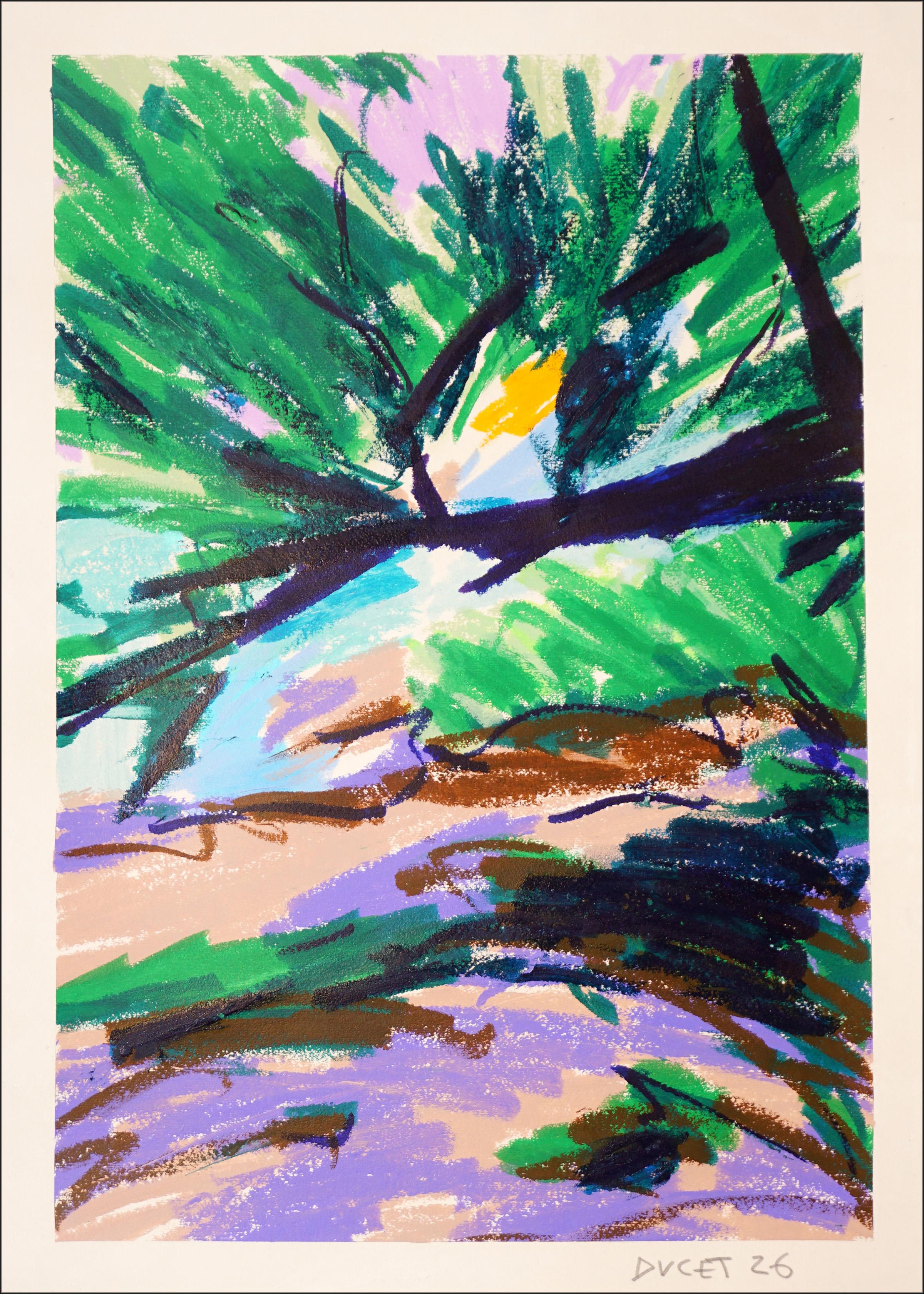 Forest Evening, Gestual Impressionist Painting in Green and Violet on Paper