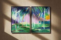 Forest Foliage over Lake, Abstract Expressionist Diptych Blue Tropical Landscape