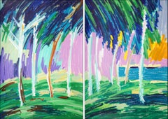 Forest Foliage over Lake, Abstract Expressionist Diptych Blue Tropical Landscape