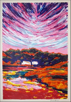 Red Landscape Sunset, Abstract Impressionist, Gestual Brushstrokes, Coastal Art